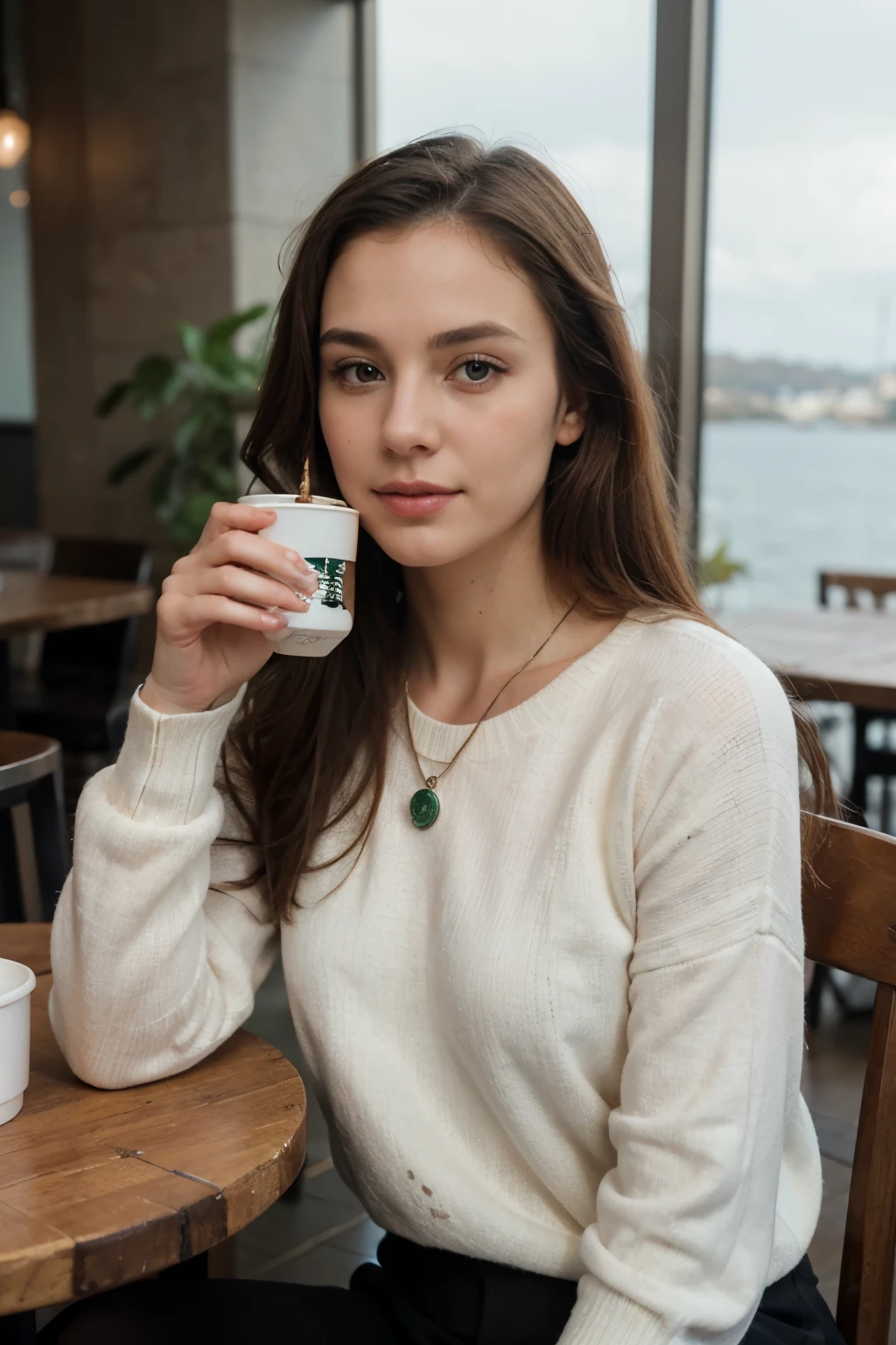 ((best quality)), ((masterpiece)), (detailed), perfect face, sea view background, high quality, 4K, 8K, long straight brown hair, white jumper, elegant necklace, drinking coffee, sitting starbucks