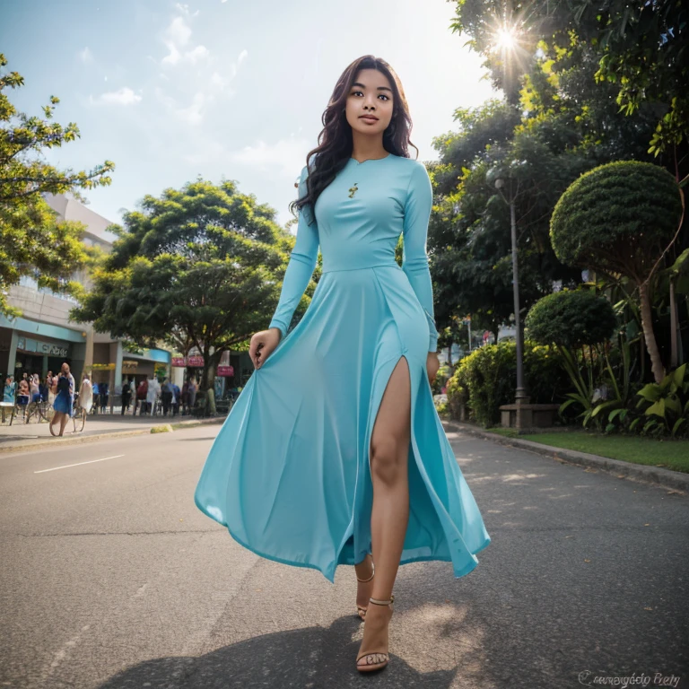 Sweet beautiful Bogor city girl, sweet georgeus face, 22 years old, descent mixed from sundanese and javanese, slim body, wavy hairs, high heel, long sleeve  dress, long skirt, very realistic, very detail, no cartoon, walking on Bogor modern mall in the sunny morning, sun shine through her clothes,