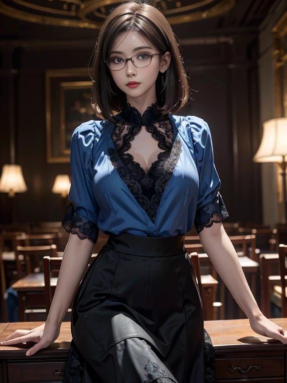 (Realistic、High resolution:1.3),alone, One Girl, masterpiece, highest quality, Very detailed, Cinema Lighting, Intricate details, High resolution, Official Art, Beautifully detailed face and eyes, High resolutionのイラスト, 8k, (Short Bob Hair), Ash Brown Hair:1.3, Very thin body, ((Long skirt、Black lace blouse :1.3)) Blue High Heels,Fishnet tights, blue eyes, Glasses, Conceit, Sit on a chair, Big Breasts, White shirt, Book_stack, library, ((vine)), Looking at the audience