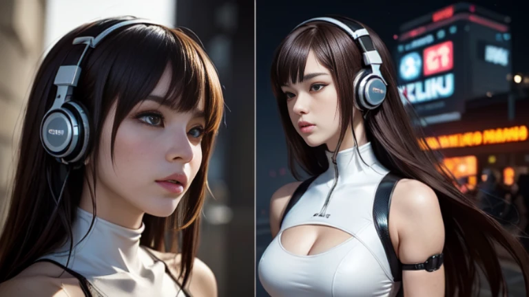((highest quality)), ((masterpiece)), ((Realistic)),High Contrast, 19 years old, Redhead girl, Shoulder-length hair,Headphones,Red Neon,cyber punkの背景, リラックスした幸せなface,((非常にdetailedな目)),Very detailed glowing eyes, ((thin)) ,Rubber bodysuit, ( White one piece swimsuit ) ((sexy )) ,Slender figure,textured pixie haircut (((detailedなキャラクターシート, Front view, ~ side面図, 3/4 Views))) (((cyber punkの背景))) Six and a half whole bodies,4K,UltraSharp,Multiple Views of the same character,Charterner v2, One girl, Slender figure, (Headphones),Brown Hair, Long Hair, Orange eyes, Same clothes, Concept Art, detailed_face, line_sketch, plan, Official Art, Official Alternative Costumes, Design style, multi style, detailed character, 4_~ side, original, 8K GC, massive detailed, Multiple Views of the same character, character, technical illustration, Multiple Views,masterpiece,highest quality(masterpiece, highest quality), 32k,(非常にdetailedな美しい女性), Future Anime,The ultimate map,highlight,Headphones,Very detailed glowing eyes,Cleavage,Complex patterns,Stylish hairstyle,fluorescence((White clothes)),cyber punk