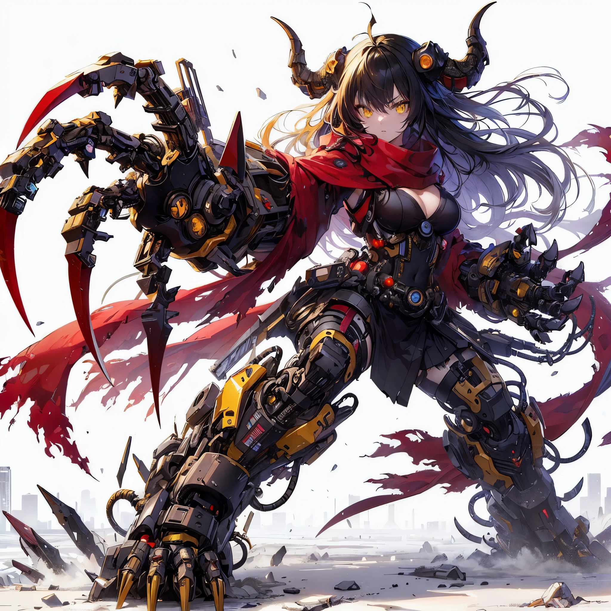 (Masterpiece, top quality), (detailed hair), super detailed, anime style, full body, solo, cyberpunk beasty girl, neck-length black-yellow hair, gold eyes, right arm converted to cybernetic huge terrifying claw. cyber-kimono, and torn red scarf, cyber horned, heavy massive boots, white background, whole body, standing in wasteland, fighting pose