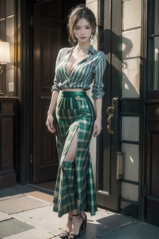 (Realistic、High resolution:1.3),(((Special high quality, 8k, masterpiece: 1.3))), Very detailed, とても美しいwoman,charm, Ultra high quality, Ultra-realistic, high quality, Very detailed lady, ((Standing pose:1.3)), High resolution RAW color photograph,1. woman, alone, ((sexy look:1.3)) , Very beautiful face, Very beautiful body,Gentle expression, Very beautiful eyes,(Perfect Makeup:1.1), (((Very beautiful fine hair))),(ponytail,Short Bob Hair), Ash Brown Hair:1.3, Very thin body,Smart Abs,A skirt that fits the hips,1 pair of GGX heels,Long legs,charm的,charm的な, (((Green Check Pattern,Long skirt:1.3))),Open chest, Center of chest, Shiny , ((Cleavage,the skin is transparent,Striped shirt:1.3)) 、1 pair of GGX heels, Black Pantyhose,office, View your viewers, whole body, Standing pose,(Realistic、High resolution:1.3),