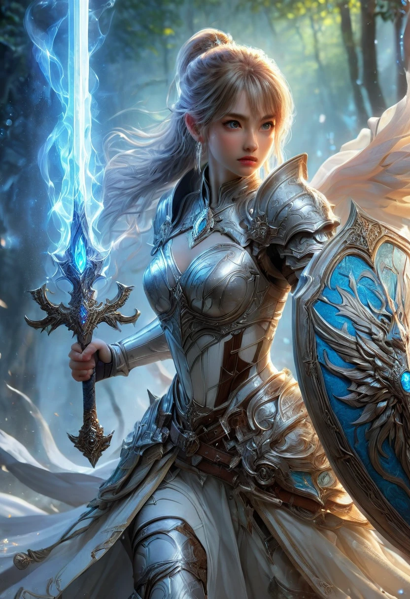 1girl,Swordsman,Sword and shield,(best swordsmanship, skilled swordsman,sword fighting expert,ethereal swords,forcefield defense:1.2),(great detail,ultra detailed,sharp focus,highres),(fantasy,illustration),(detailed armor,glistening metal),(epic battle,action scene),(mystical aura,magical warrior),(intense focus:1.1),brilliant colors,vivid colors,fiery background,strong poses,(dynamic movement,acrobatic combat),(heroic expression,determined look)
