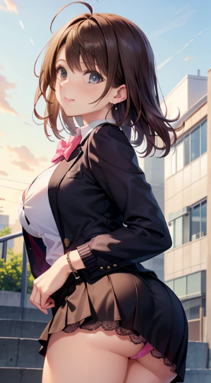 ((Tabletop, highest quality, High resolution, Hmph, Perfect Pixel, 4K, Hmph, Hmph))), 1 girl, single, alone, Beautiful woman、I could see the whole body、 ((Mid-wave hair, bangs, brown hair)), ((Brown eyes, Beautiful eyelashes, Realistic eyes)), ((Detailed face, blush:1.2)), ((Smooth texture:0.75, Realistic texture:0.65, Realistic:1.1, Anime CG Style)), Medium chest, Dynamic Angle, Perfect body, ((Red bow tie, , Black jacket, Open jacket, Brown cardigan, White shirt, Black Skirt, Checked skirt)), City Stairs、looking up from the bottom of the stairs、Very embarrassing panic smile, looked back、Lean forward、(The wind blew up her skirt, exposing her buttocks..、Hurry and hold my ass、Pink lace panties:1.3)、Camel Toe、Giant tit、Earrings、necklace、Bracelet、Caster wheel、first round、Plump、Super big breasts、Ahoge、Slut、Cleavage,Mole on chest、transformation、Odd Eye、Plump、Super big breasts、Super big butt、My butt is too big and my skirt is