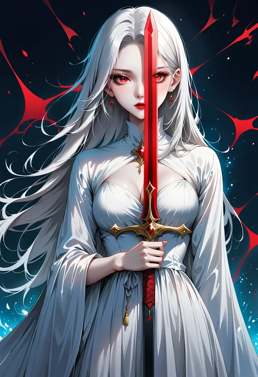 Girl with a sword，Simple lines，Minimalism，Abstract Art，Holding a red long sword，