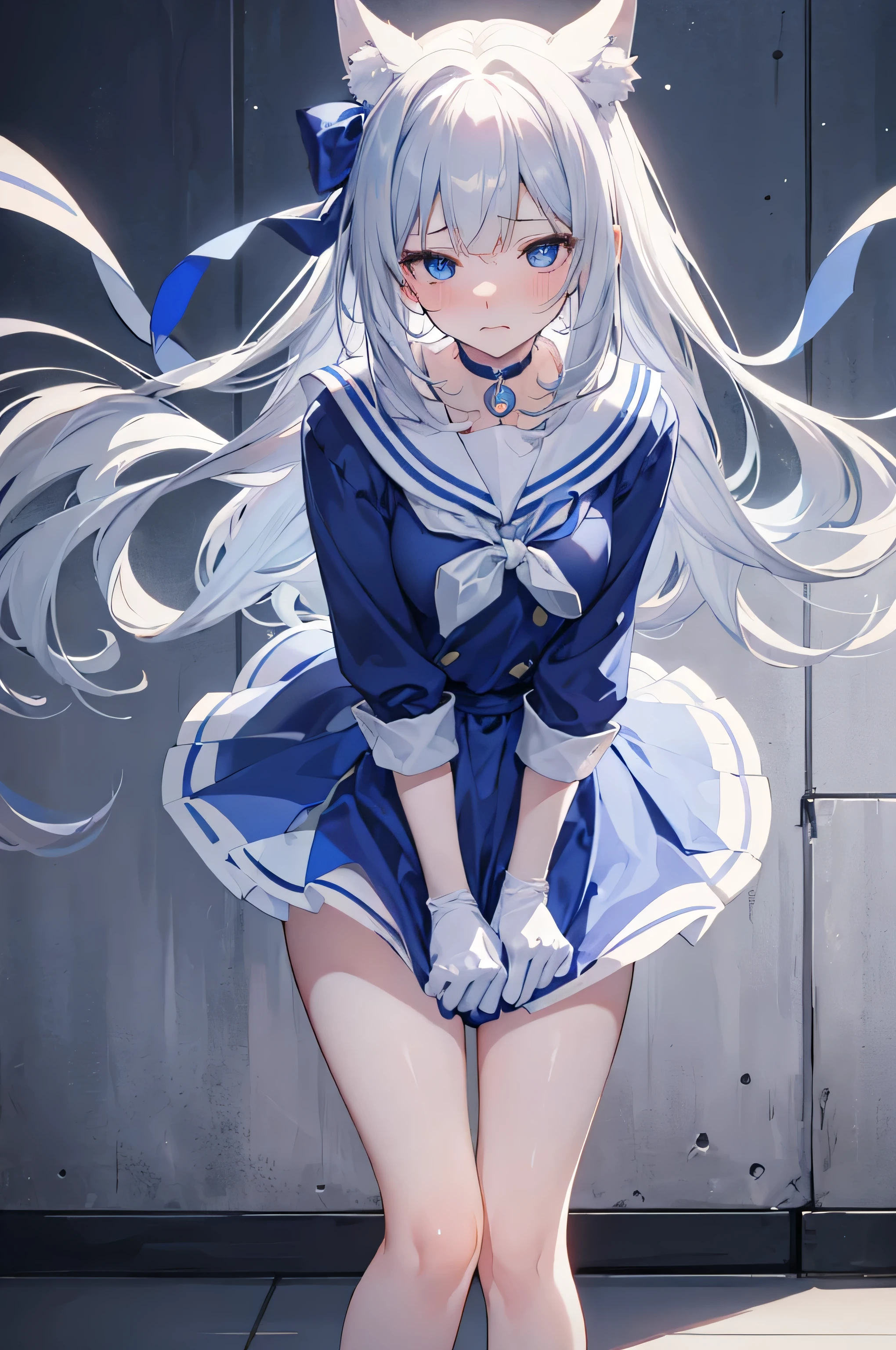 (8K, highest quality, masterpiece:1.2),(Blue colored eyes),((Clothing Details)),High-definition CG Unity 8K, concentrated, Realistic, Shadow, Soft lighting, Gray Hair, Flutter Hair, nice, A gentle smile, Sailor suit,　Blue Skirt、Long sleeve, ribbon, gloves, Choker Noble Necklace. (blush:1), Knee socks、 Embarrassed look、The expression of someone who is holding back from going to the toilet, (Sexual pleasure expression:1.4), (Anguished expression:1.2)、close your eyes、Sexy appearance、Look Up、Mouth half open、whole body