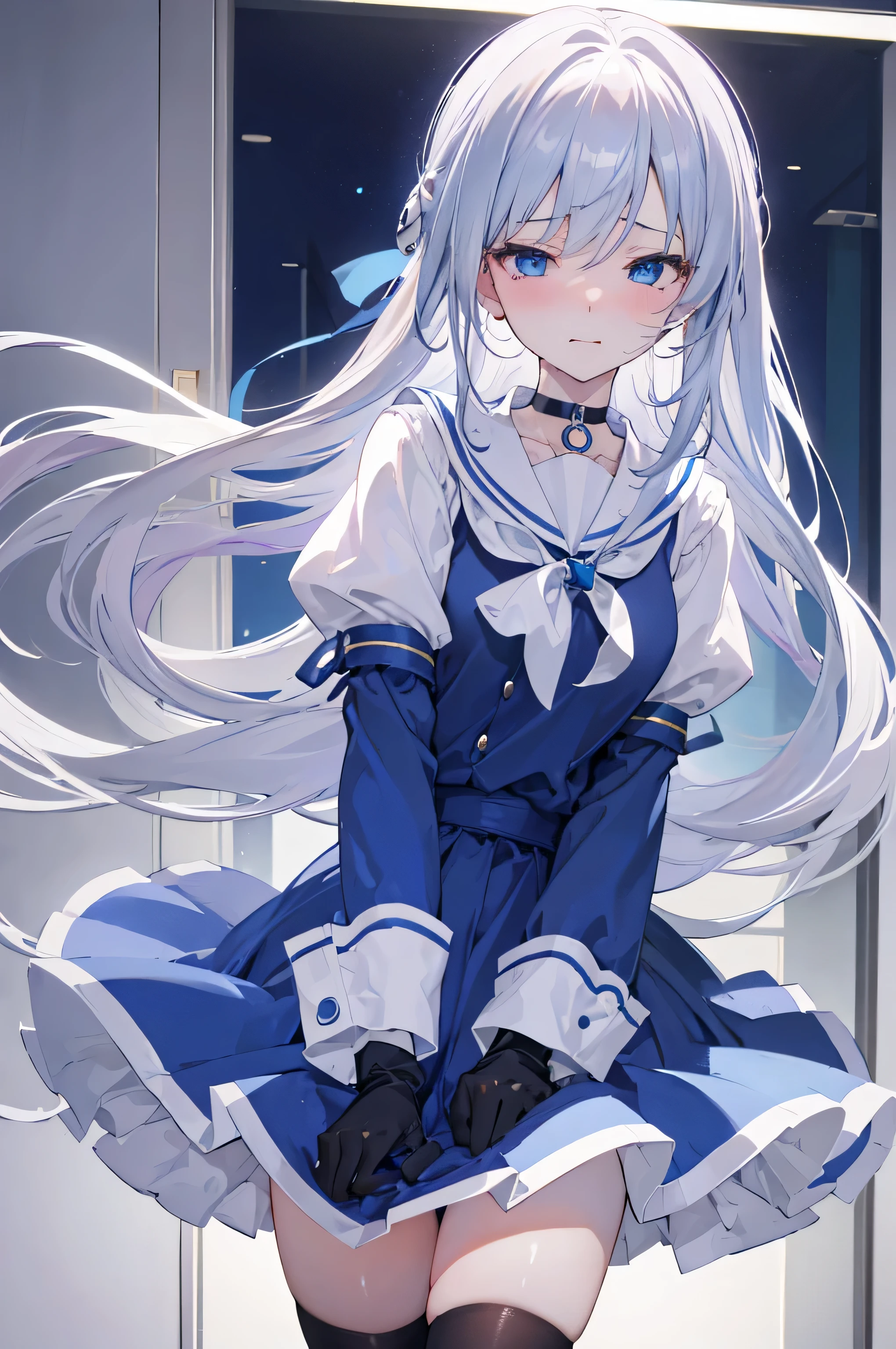 (8K, highest quality, masterpiece:1.2),(Blue colored eyes),((Clothing Details)),High-definition CG Unity 8K, concentrated, Realistic, Shadow, Soft lighting, Gray Hair, Flutter Hair, nice, A gentle smile, Sailor suit, Blue Skirt、Long sleeve, ribbon, gloves, Choker Noble Necklace. (blush:1), Knee socks、 Embarrassed look、The expression of someone who is holding back from going to the toilet, (Sexual pleasure expression:1.4), (Anguished expression:1.2)、close your eyes、Sexy appearance、Look Up、Mouth half open、whole body