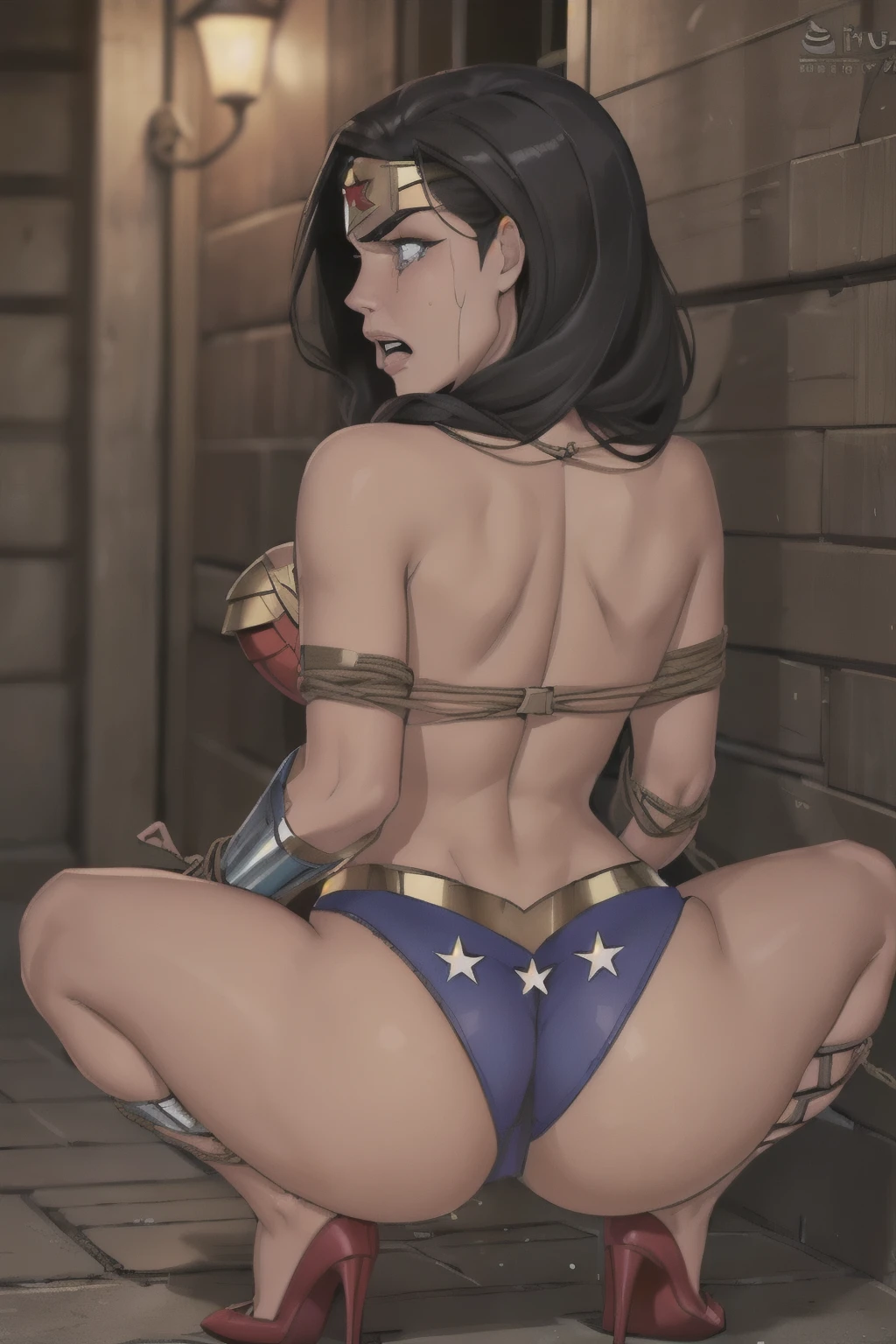 (((Back view))),(((Wonder Woman is in the dirt alley,  at night,  fishnet pantyhose))), (((muito Surrada, muito torturada, muito estuprada,muito humilhada,muito derrotada))),((SUPERHEROINE mulher maravilha IS A FILTHY OLD WHORE)), ((emotional expression,expression of pain and despair, gritando de dor, expression of suffering, olhos arregalados)),(Wonder Woman is squatting, on tiptoe), (She's crying a loa tem cabelo preto, ela tem cabelo longo)), ((She wears a thick metal necklace around her neck.)), (Ela esta vestindo roupas imorais, she is wearing indecent clothes), (obra-prima, melhor qualidade) 1.5, 1 garota, sozinho, (sexy, mulher bonita, rosto perfeito, olhos perfeitos), corpo inteiro. ((She is wearing starry lace panties)), tears running down your face)), ((WonderWoman in Strappado bondage, then by use of some method of attachment such as a rope or chain that runs from their wrists to a securing point above)), (((emotional expression,expression of pain and despair, gritando de dor, expression of suffering, olhos arregalados, expression of fear, corpo se contorcendo de dor))), ((She is wearing high heels stilettos)), (((looking at the camera)))
