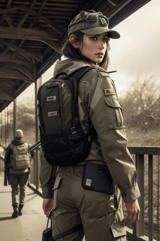 ela_(rainbow_seis_cerco), obra de arte, melhor qualidade, 1 garota, camuflar, Sozinho, cabelo verde, mochila, botas, tem, glasses, glasses on headwear, It is, pants, olhando para o espectador, jaqueta, capuz, bolsa, cabelo curto, fone de ouvido, olhos azuis, camuflar jaqueta, luvas, coldre, capuz down, looking back, thigh coldre, radio antenna, militares, fones de ouvido, perneiras, boca fechada, camuflar pants, huge It is, ao ar livre,