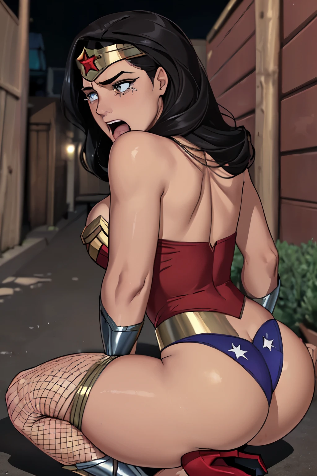 (((Back view))),(((Wonder Woman is in the dirt alley,  at night,  fishnet pantyhose))), (((muito Surrada, muito torturada, muito estuprada,muito humilhada,muito derrotada))),((SUPERHEROINE mulher maravilha IS A FILTHY OLD WHORE)), ((emotional expression,expression of pain and despair, gritando de dor, expression of suffering, olhos arregalados)),(Wonder Woman is on her feet, on tiptoe), (She's crying a loa tem cabelo preto, ela tem cabelo longo)), ((She wears a thick metal necklace around her neck.)), (Ela esta vestindo roupas imorais, she is wearing indecent clothes), (obra-prima, melhor qualidade) 1.5, 1 garota, sozinho, (sexy, mulher bonita, rosto perfeito, olhos perfeitos), corpo inteiro. ((She is wearing starry lace panties)), tears running down your face)), ((WonderWoman in Strappado bondage, then by use of some method of attachment such as a rope or chain that runs from their wrists to a securing point above)), (((emotional expression,expression of pain and despair, gritando de dor, expression of suffering, olhos arregalados, expression of fear, corpo se contorcendo de dor))), ((She is wearing high heels stilettos)), (((looking at the camera)))
