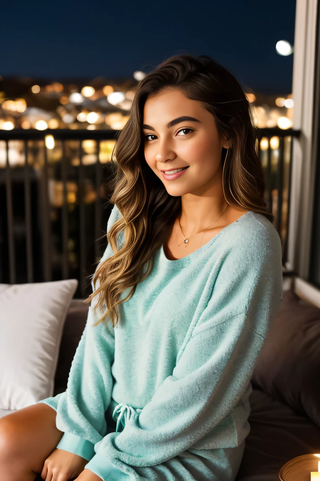 a beautiful american instagram brunette model, blackish brown medium length wavy hairs cascading waves styled in a loose braid, .night time, Draped in a leisure wear, she nestles in a plush introspecting,light smile, gazing the stars with a peaceful expression.night sky, Beside her, on a side table adorned with a flickering candle,artistic reflection. Capture a soft focus on her face, highlighting its serenity and the city lights reflected in her eyes. Aim for a tranquil and luxurious atmosphere, emphasizing self-care with the cozy balcony setting and trendy leisure wear, perfect for a Sunday night wind-down.