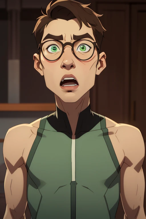 jon, a young guy in his 30s with asymmetric very short brown hair, green eyes with brown specs, a flat nose, smooth skin, slim athletic body, ((look to the side)), different perspectives, (exaggerated shocked open mouth)