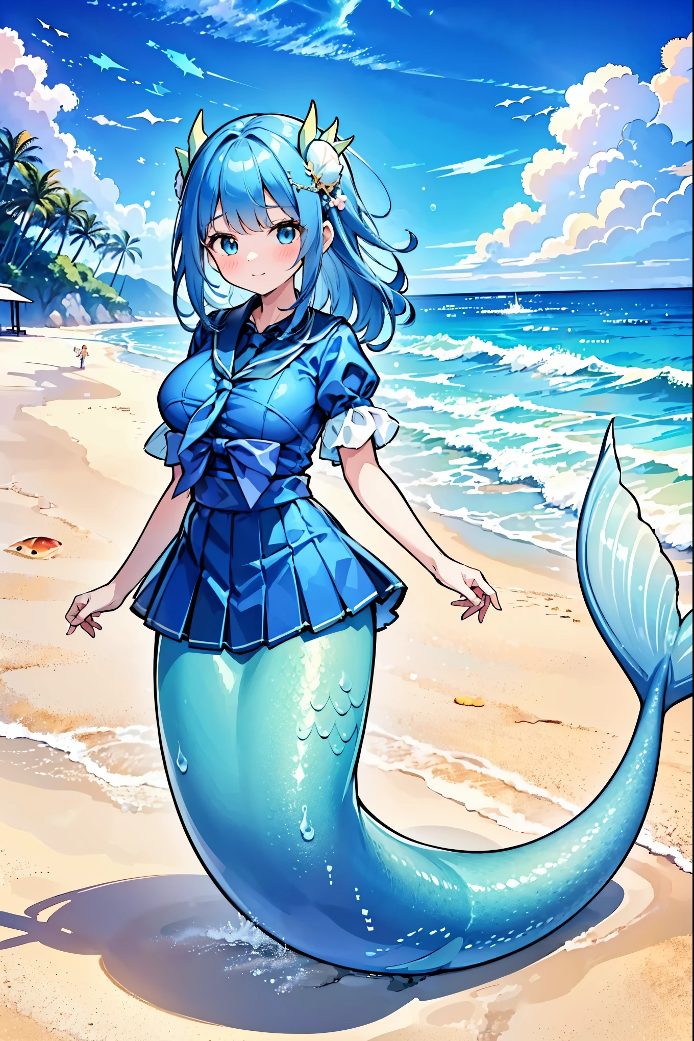 masterpiece, best quality(Full fingers),A woman,Large Breasts,Mermaid,Blue shirt,Blue Skirt,藍色的Mermaid尾巴,full-body shot,beach,躺在beach上,Sea view in the distance,charming脸(Kawaii, charming,Soft)