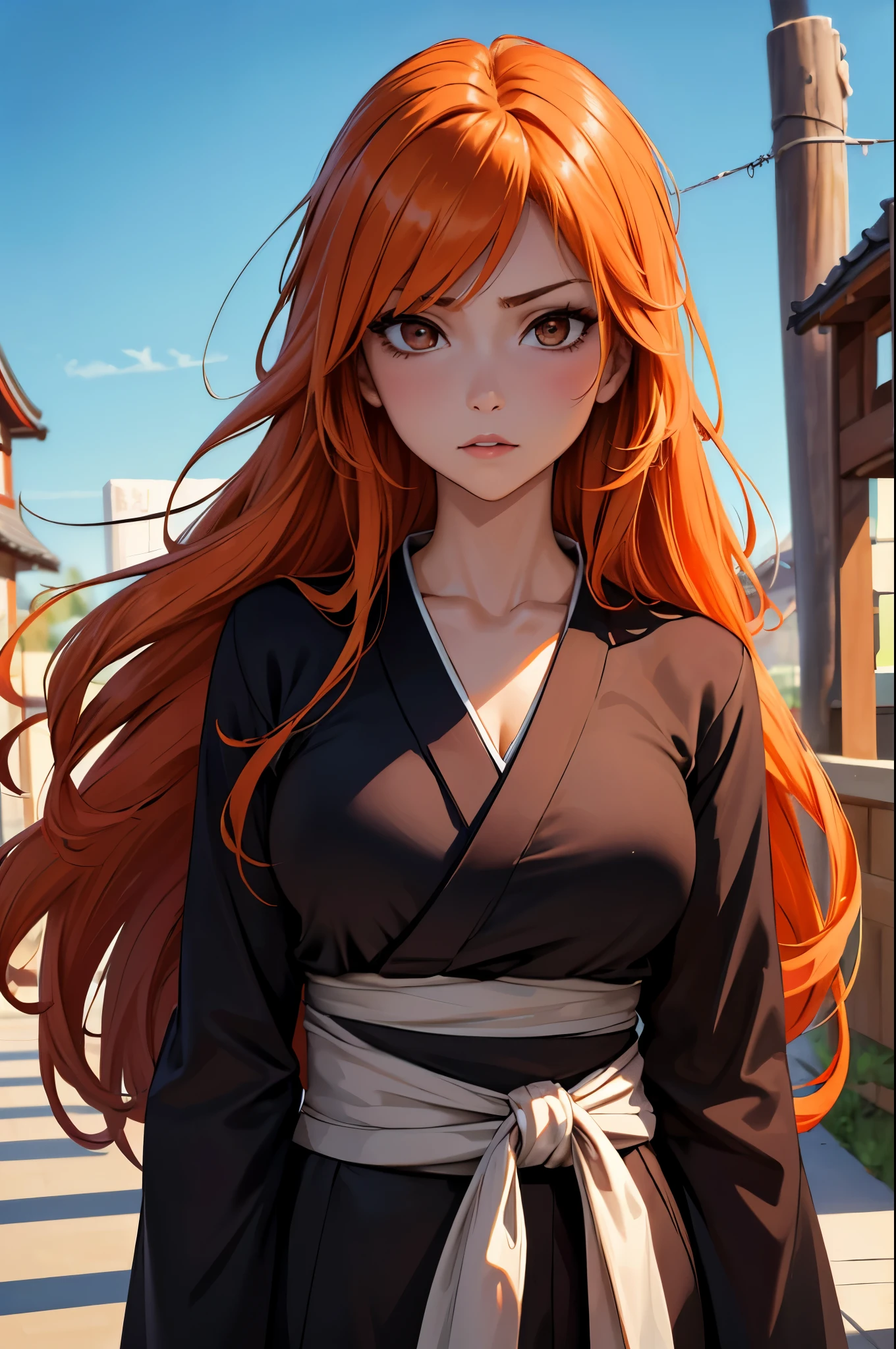 (masterpiece, best quality:1.2), expressive eyes, perfect face, highres, 1girl, solo, (female:1.5), kurosaki ichigo, long orange hair, brown eyes, japanese clothes, black kimono, standing, upper body, looking at viewer,