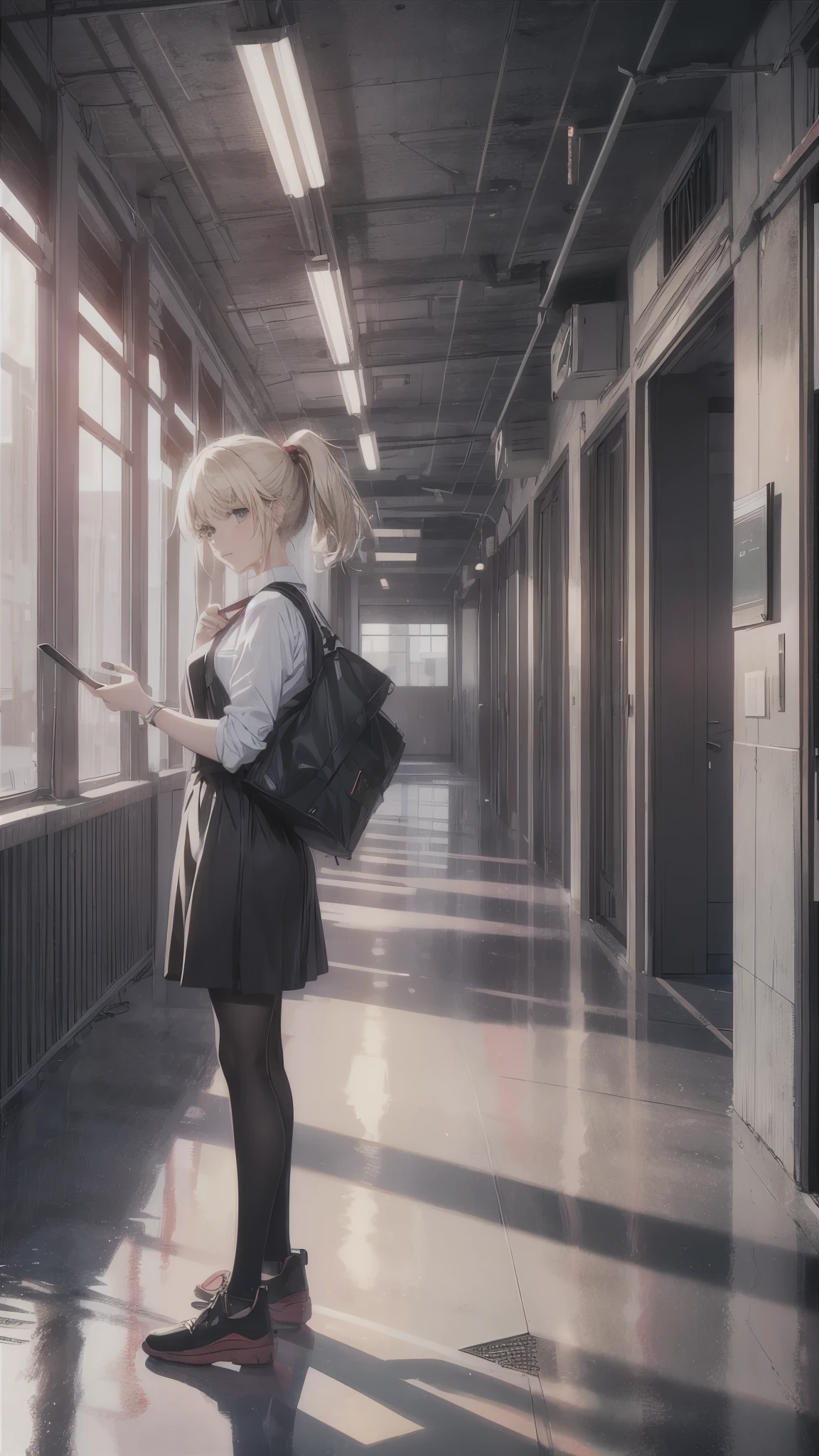outside the red sky,A girl standing alone on a huge empty office,ruin office,there is nobody in the huge office,A woman in her 20s with short blonde hair,(woman close up)
