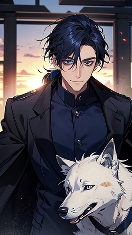 masterpiece, highest quality, one person,There'there's no one behind me, male,Navy Blue Hair, Low Ponytail,Black and navy blue pilot suit,expensive,,Carrying wolves,He has a navy blue coat draped over his shoulders,,dark blue eyes,Calm,smile,With the wolf,dawn