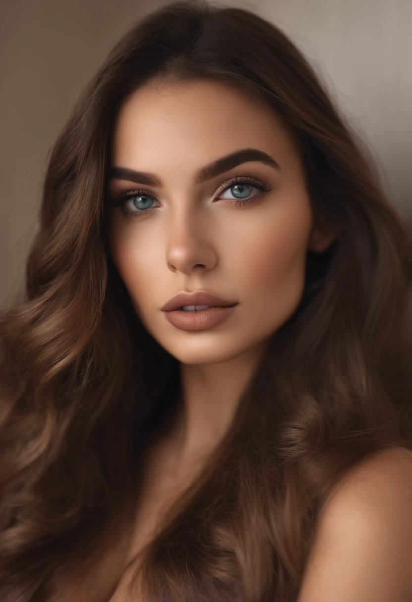 arafed femme pleinement , Fille aux yeux marrons, ultra realistic, meticulously detailed, Portrait de Sophie Mudd, cheveux bruns et grands yeux, selfie d'une jeune femme, Yeux de chambre, Violette Myers, sans maquillage, maquillage naturel, regarder directement la caméra, visage avec artgram, maquillage subtil, superbe photo de tout le corps à genoux sur le lit, dans la chambre, medium to large bust
