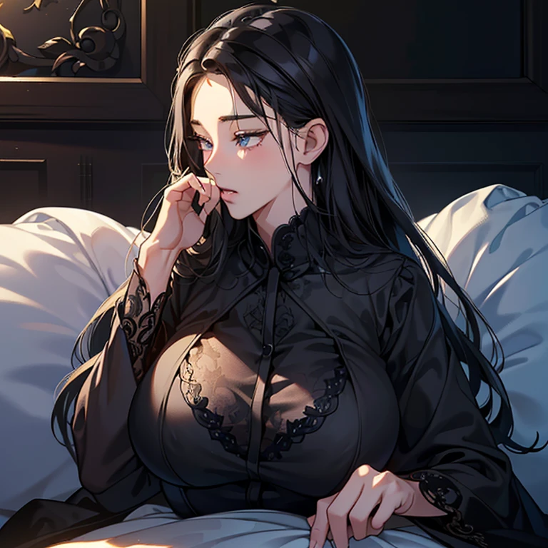 (High resolution)),((Game CG)),(masterpiece),(highest quality), (Very detailed),shape,((Very delicate and beautiful)), Dark horror, Very embarrassed look,Looking at the audience,(((18-year-old female)),((whole body)),Detailed face and eyes,Jewel-like eyes,(Date Hyogotaka),,,(Super super huge breasts,Long and slightly saggy breasts,) 銀髪と黒い瞳 ダークな雰囲気 ベビードール whole bodyを黒の細かい網タイツ