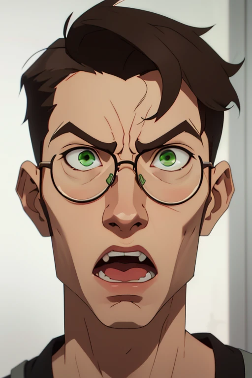 jon, a young guy in his 30s with asymmetric very short brown hair, green eyes with brown specs, a flat nose, smooth skin, slim athletic body, ((look to the side)), different perspectives, (exaggerated shocked angry open mouth)