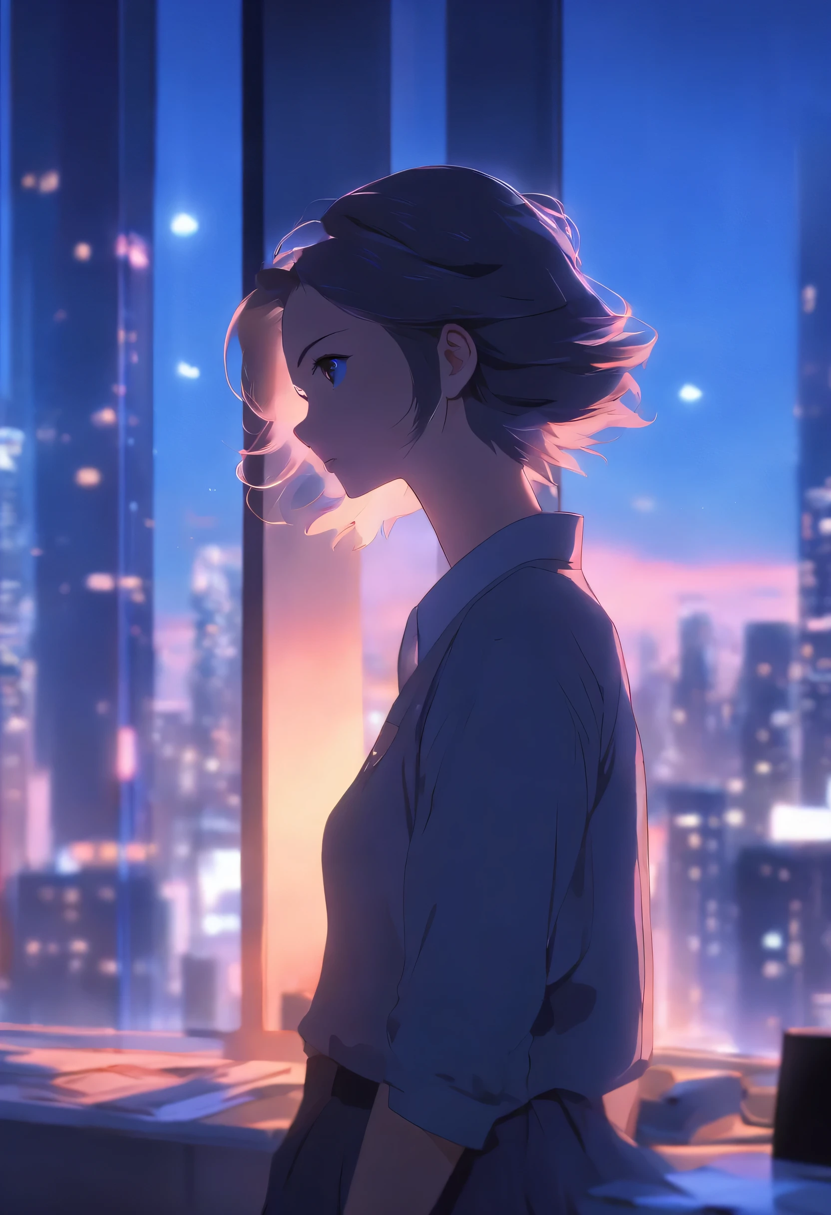 Imagine a scene featuring a young woman in a modern, minimalist office. She stands alone, close to a large window, looking out with a thoughtful expression. It's twilight, and the fading light casts dramatic shadows and highlights through the window, reflecting off her face and the sleek surfaces around her. The office embodies a high-tech, clean aesthetic with subtle shades of gray and blue. Outside, the city skyline is bustling with lights starting to twinkle. Capture this moment in a highly cinematic style, emphasizing a rich interplay of light and shadow, similar to the visual storytelling seen in films directed by Makoto Shinkai. The image should convey a sense of solitude and introspection, rendered in breathtaking detail to achieve a masterpiece-like quality