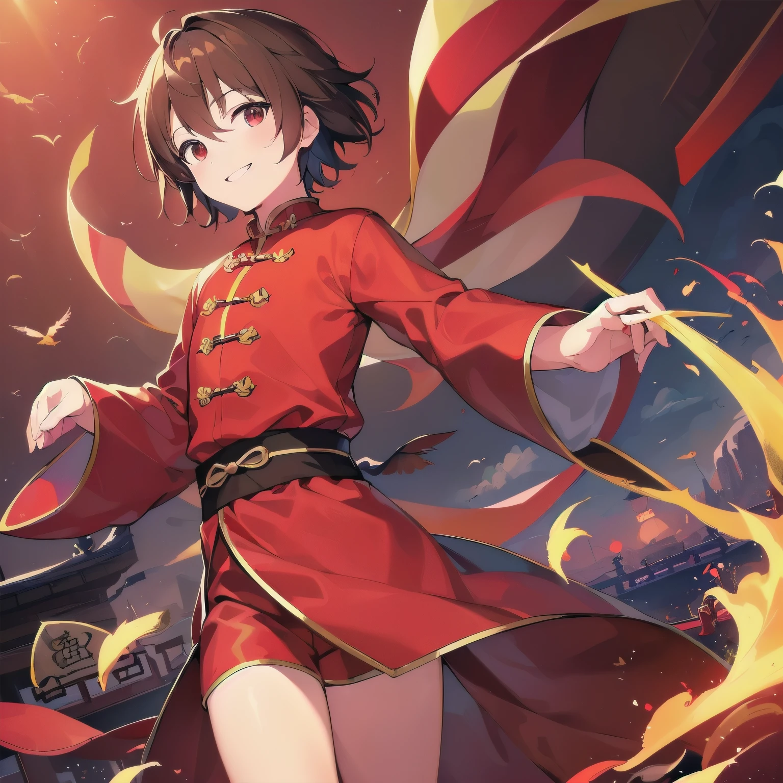 [(deep red:1.5),::5], (((masterpiece))), high quality, Very high resolution, Large file size, Full Color, ((Little Boy)), Short brown hair, Bright colors, Red Eye, (Wind effect), anime, (Chinese clothing), (smile) (Bird Background)