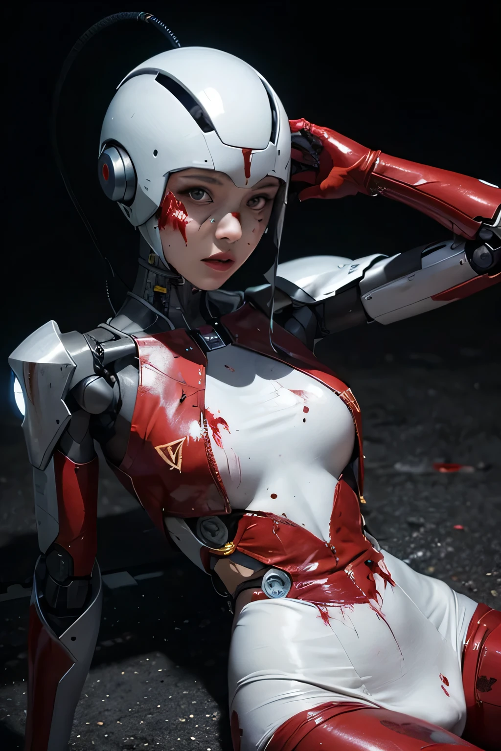 1/2 robot cyborg, skin, covered in blood spatters leading to kneck and head