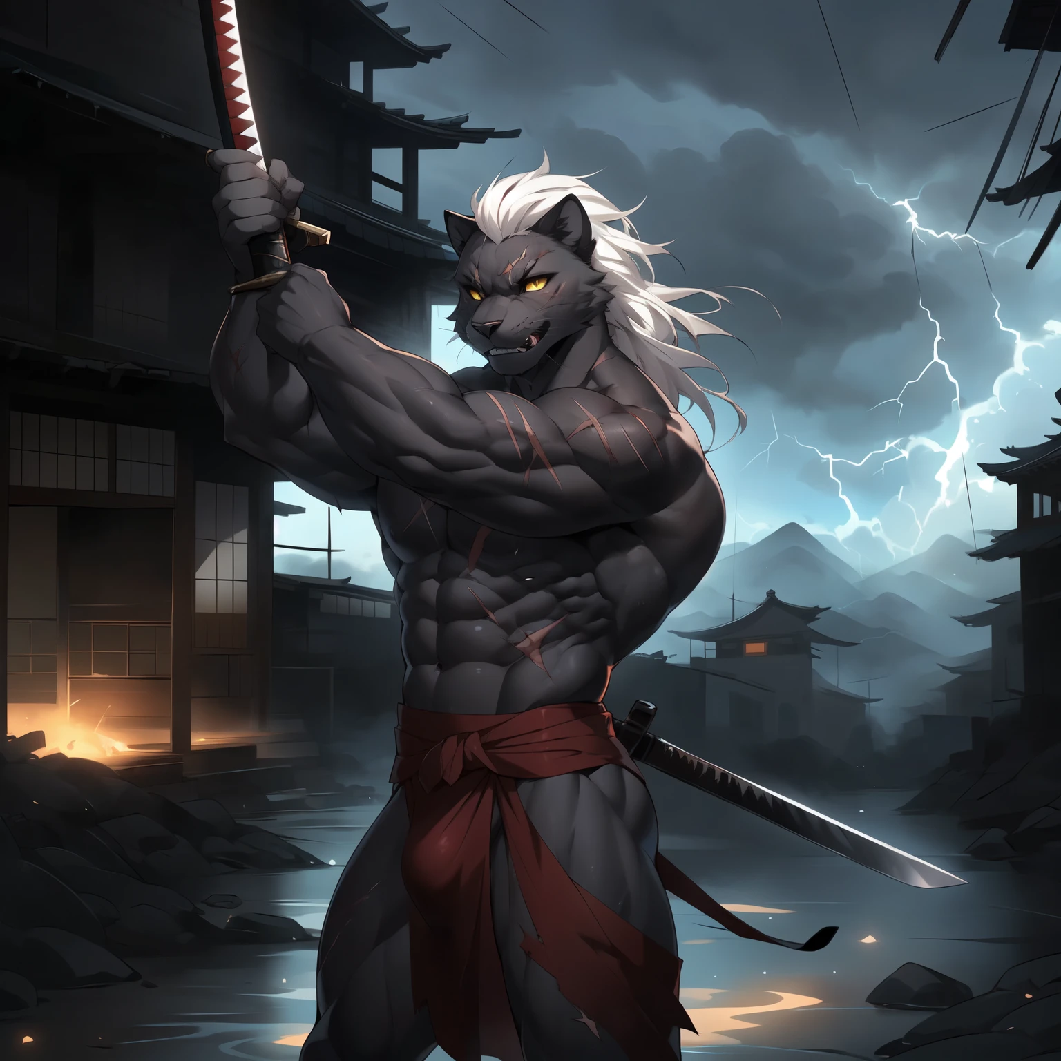 Solo, cute black panther male, yellow eyes, snout, Man athletic physique, big chest muscle, masculine, very muscular, white hair, top knot hair, snarling, feline teeth, scar on left eye, scars and cut wounds on body, naked, wearing red loincloth with bulge, muscles flexing, holding katana sword by the handle, elegant katana, in a dark destroyed Japanese village, thunderstorm, by fumiko, by hyattlen, by gudlmok99