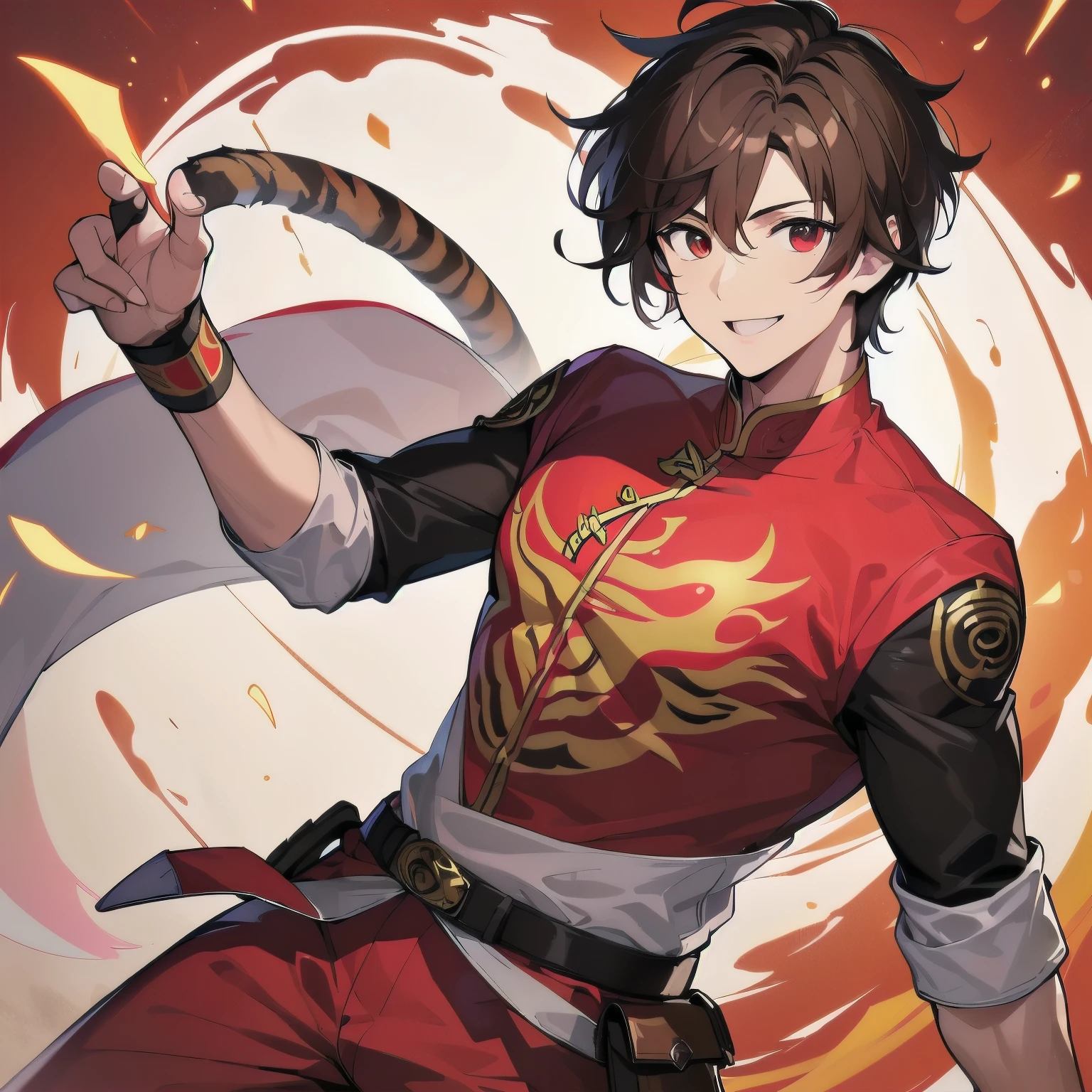 [(deep red:1.5),::5], (((masterpiece))), high quality, Very high resolution, Large file size, Full Color, ((boy)), Short brown hair, Bright colors, Red Eye, (Wind effect), anime, (white cheongsam), (smile) (Tiger background)