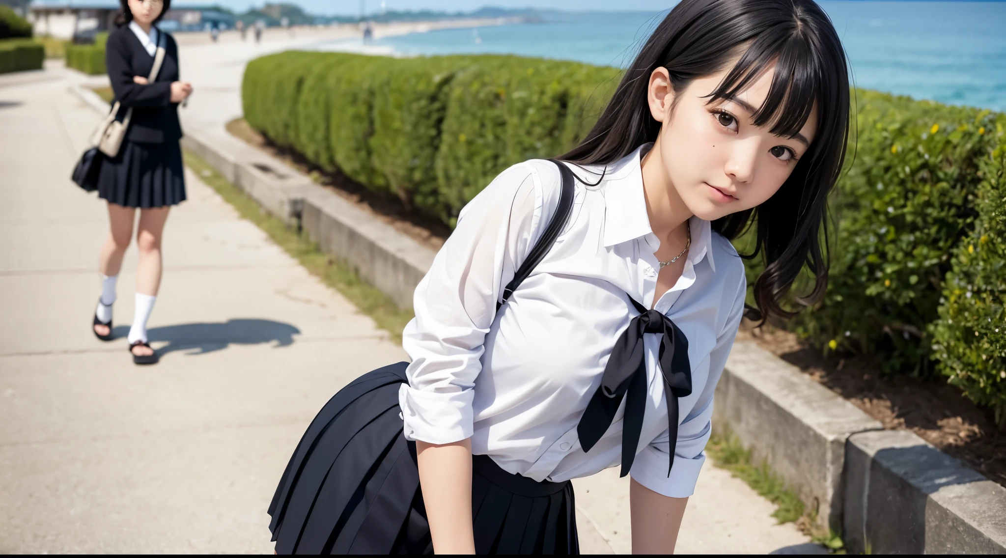 Japanese high school girl wearing a white blouse, Black pleated skirt, The look of temptation、Side Up、curly hair、In front of the sea、Looking at this