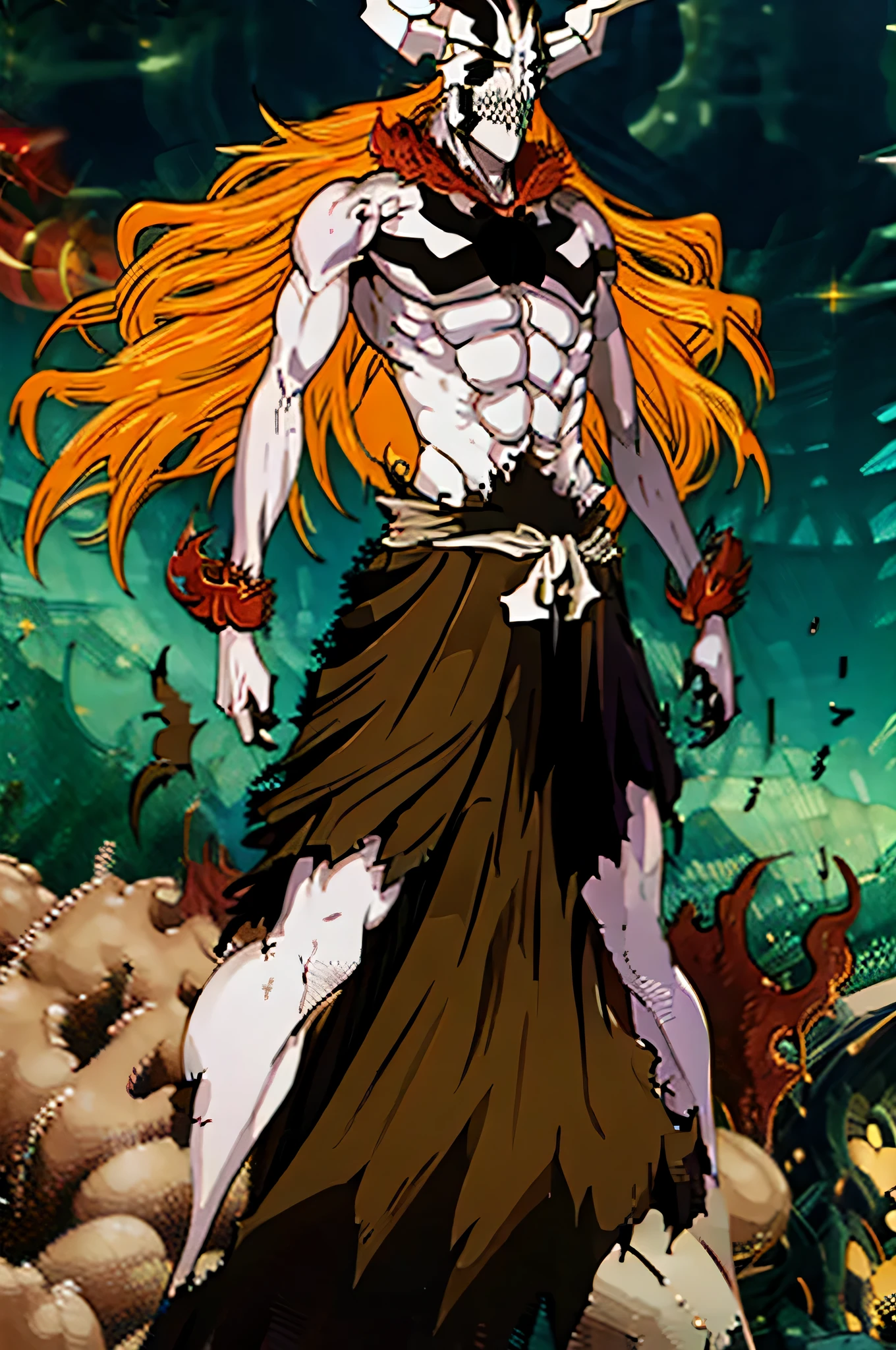 Ichigo Vasto Lorde, monstrous, long orange hair, standing upright staring towards the camera, radiating demonic power, monstrous, destructive, radiating a cool anger, sharp lines, detailed, rigid, detailed. well drawn face, unblurred, detailed, neat, organized, smooth lusciously made style