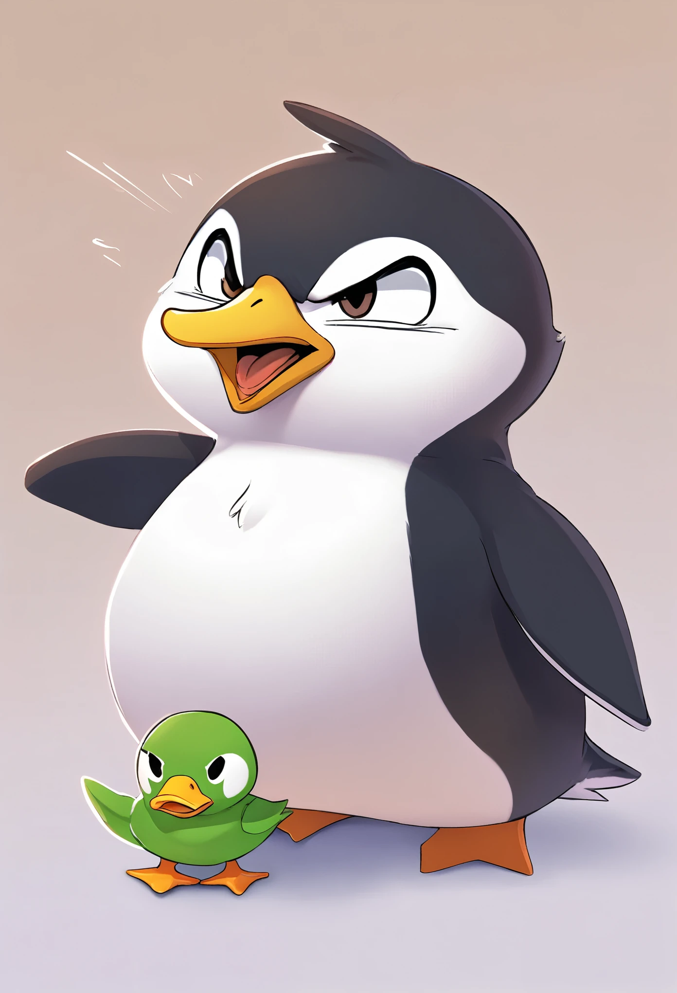 super deformed, furry, funny, fluffy, best quality, penguin with duck mouth, his dissatisfied expression is also cute, he's so angry