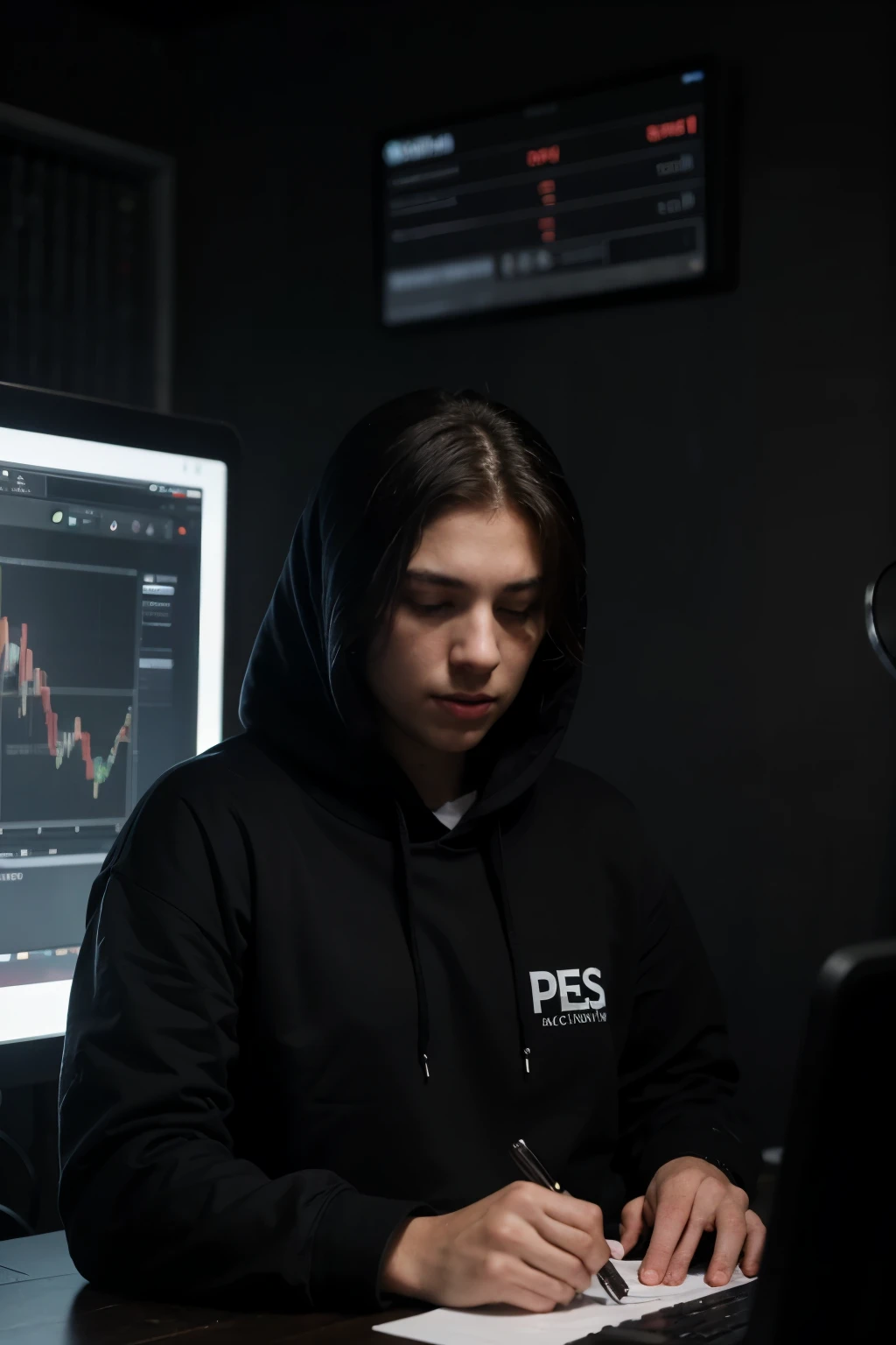 a person in a black hoodie operating day trading charts in a dark environment