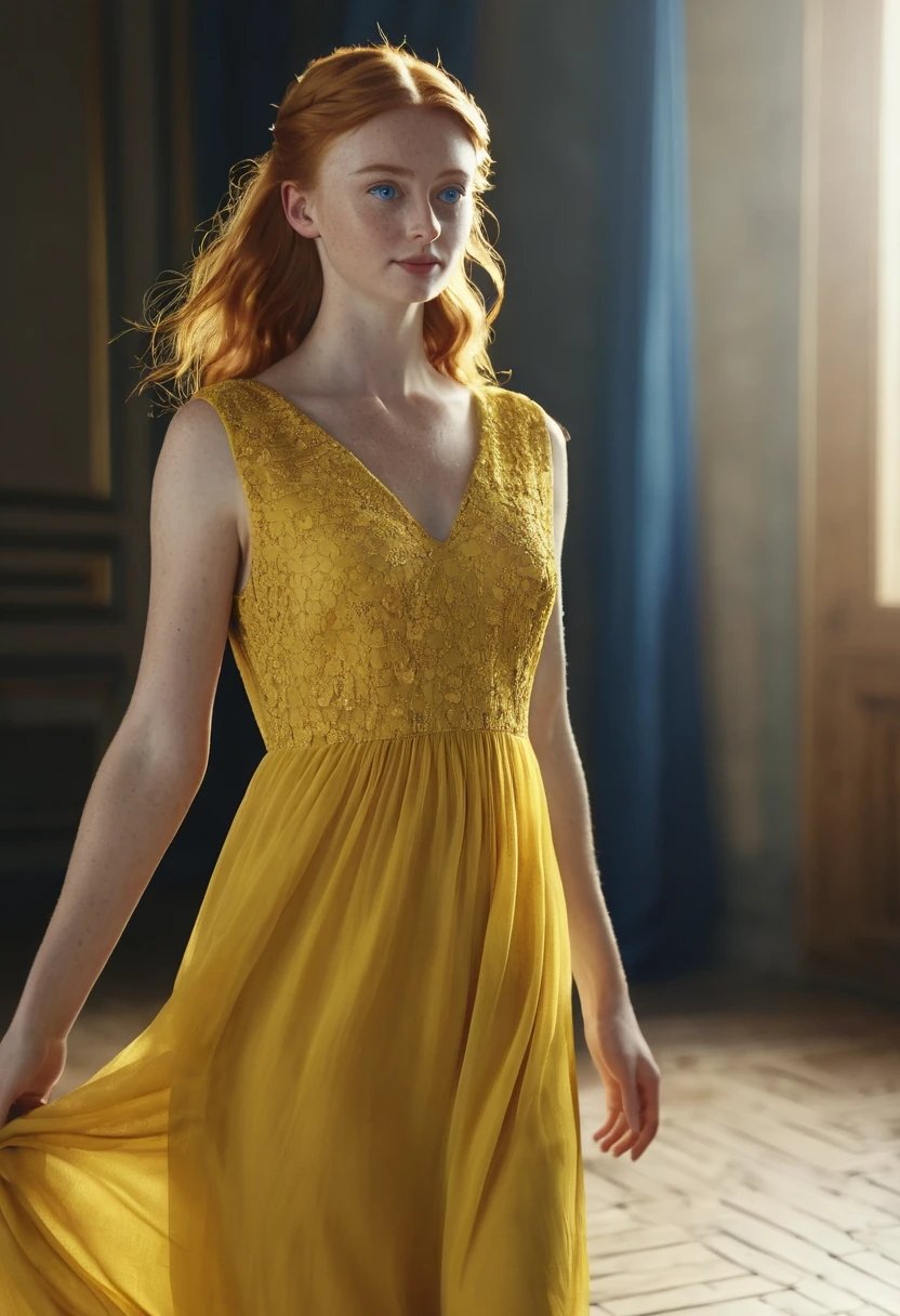 (masterpiece, best quality:1.2), 1girl, , 3d, ass, barefoot, lose up of a czech woman, ginger hair, blue eyes, elegant party, natural skin texture, 24mm, 4k textures, soft cinematic light, RAW photo, photorealism, photorealistic, intricate, elegant, long dress, yellow dress,