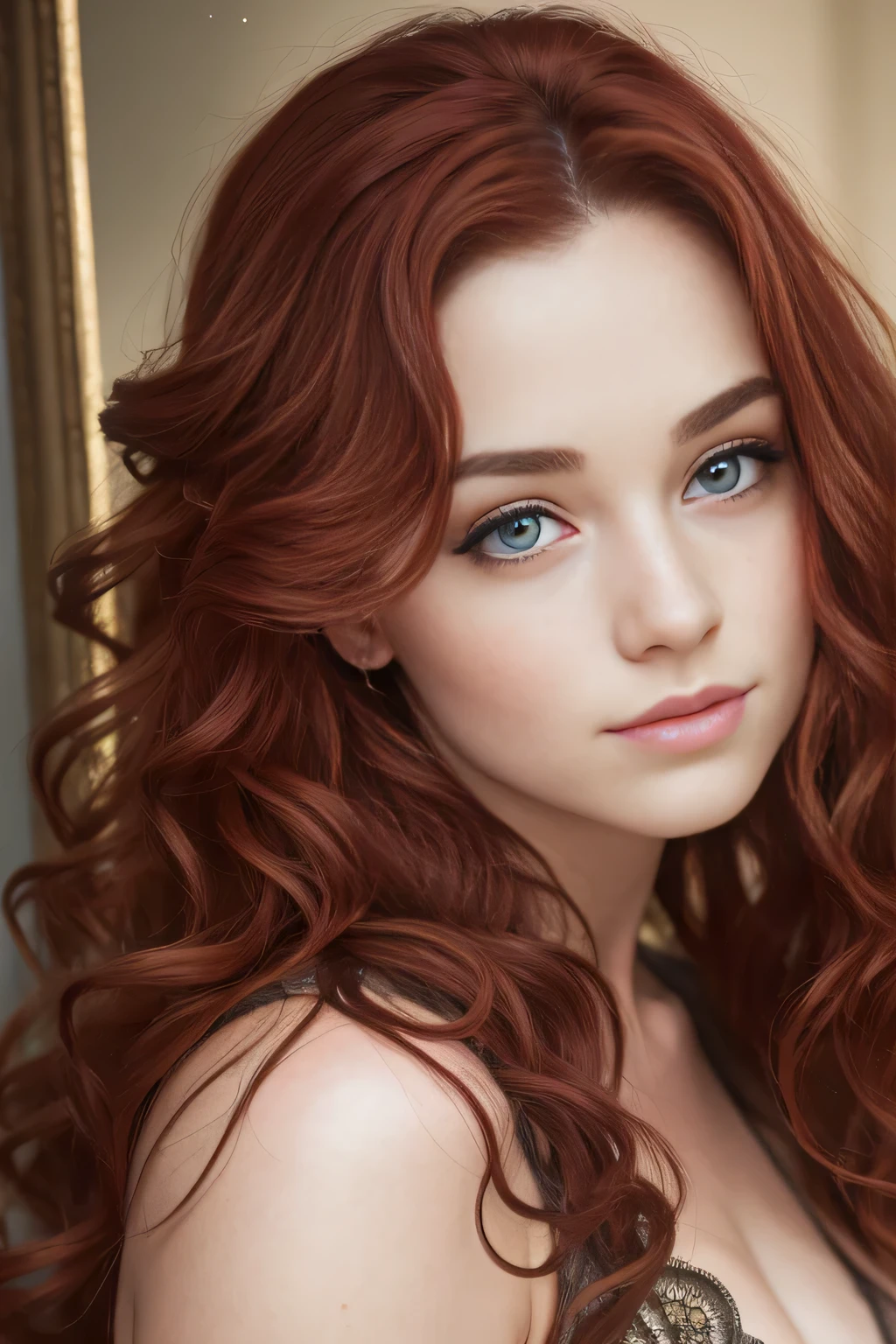 photo of a 25 years old Scottish girl, RAW, beautiful woman, (long red curly hair), ((portrait)), ((detailed face:1.2)), ((detailed facial features)), (finely detailed skin), pale skin, freckles, playboy body, high detailed plunging bodycon lacy teddy, indoor environment, (cold colors), damp, moist, reflections, (masterpiece) (perfect proportion)(realistic photo)(best quality) (detailed) photographed on a Canon EOS R5, 50mm lens, F/2.8, HDR, (8k) (wallpaper) (cinematic lighting) (dramatic lighting) (sharp focus) (intricate) fashion, from above