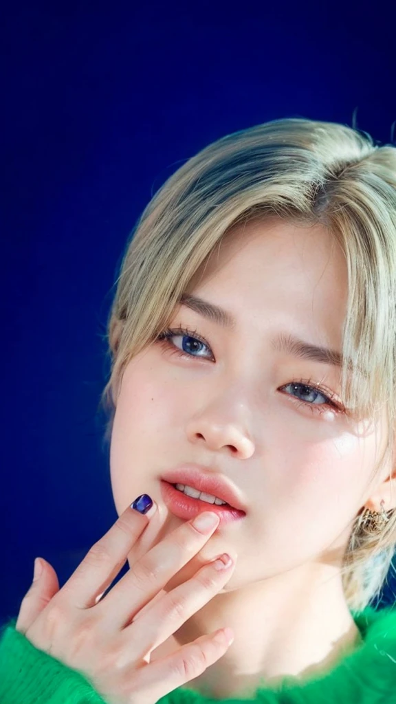 a close-up of a person with a well-groomed hand on the finger, Jimin\the full lips, park Jimin, Jimin\the right eyelid is swollen, Jimin\o nariz grego, Jimin, accurate Jimin face, Retrato de Jossi do Blackpink, parque roseanne de blackpink, kpop idol portrait, Jung Jaehyun, adorable and pale korean face