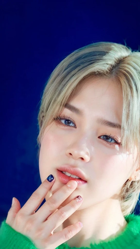 a close-up of a person with a well-groomed hand on the finger, Jimin\the full lips, park Jimin, Jimin\the right eyelid is swollen, Jimin\o nariz grego, Jimin, accurate Jimin face, Retrato de Jossi do Blackpink, parque roseanne de blackpink, kpop idol portrait, Jung Jaehyun, adorable and pale korean face