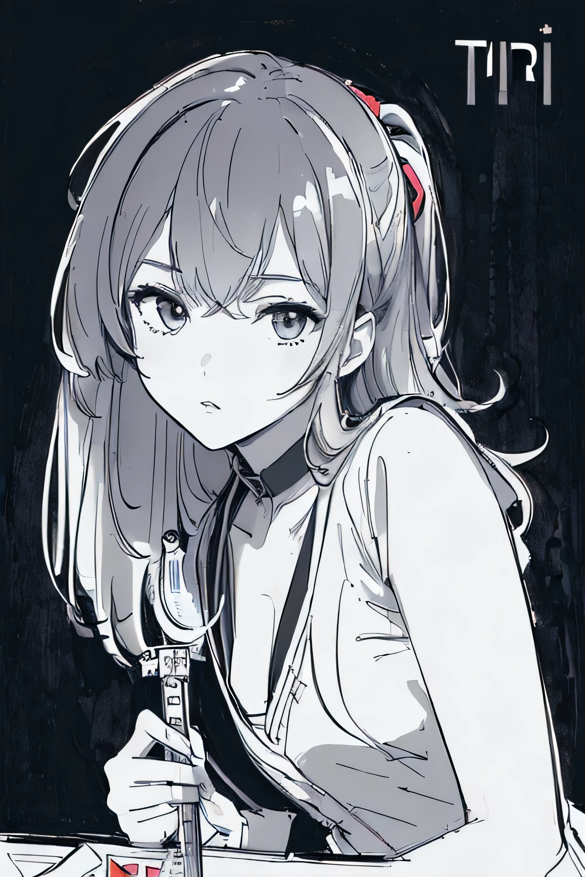(((masterpiece, Best quality, 8K, Master Pi:1.3))), (detailed background), high contrast, 1 girl, close-up of head, Katana in hand, sketch, monochrome, clean line drawings for coloring book