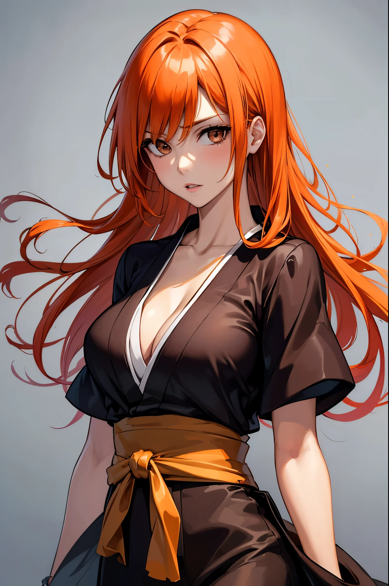 (masterpiece, best quality:1.2), expressive eyes, perfect face, highres, 1girl, solo, (female:1.5), kurosaki ichigo, long orange hair, brown eyes, japanese clothes, black kimono, standing, upper body, looking at viewer,