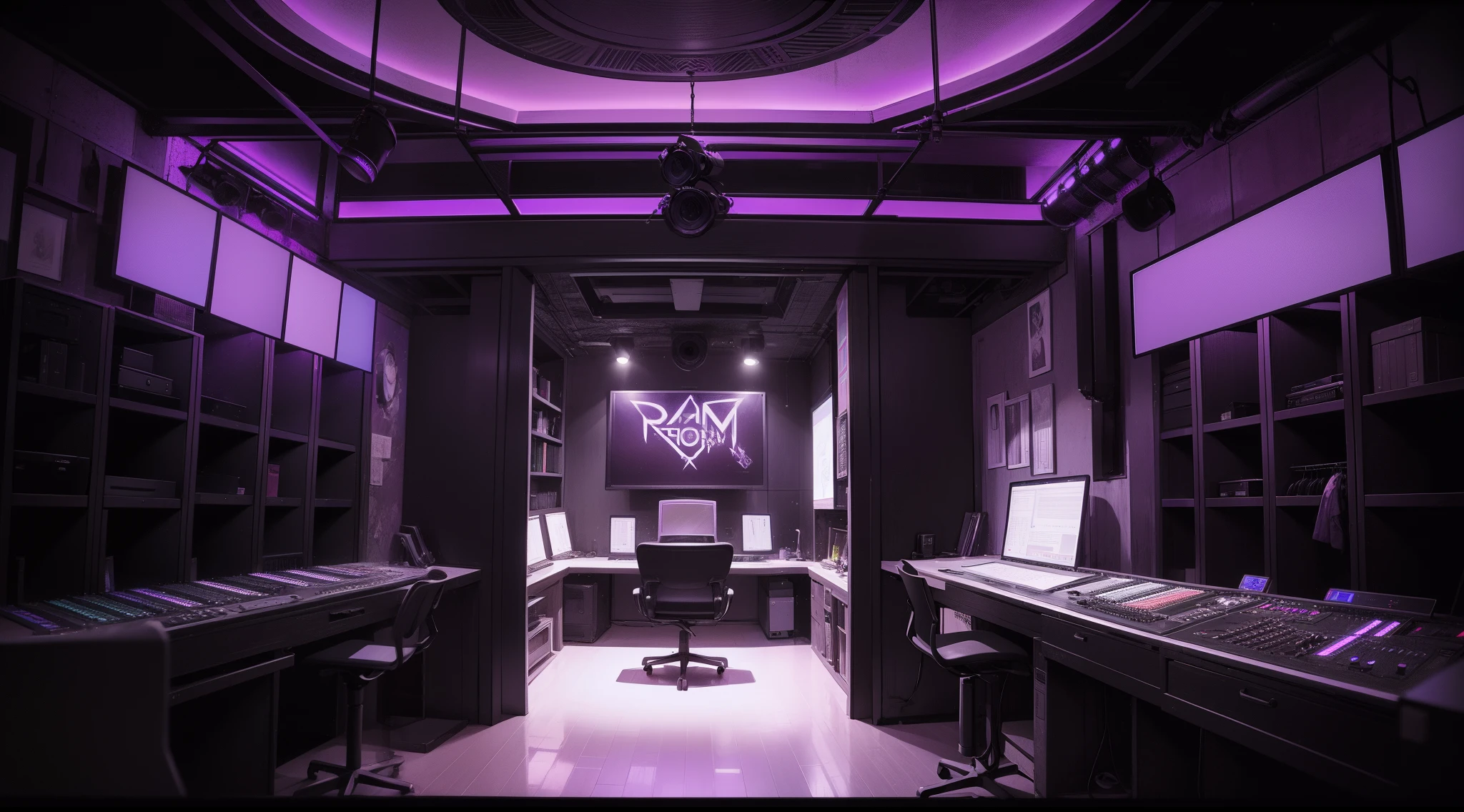 CABINA DE GRABACION DE MUSICA RAP COLOR MORADO GLOW, BLANCO Y NEGRO UNDERGROUND DARK,SIN PERSONAJES SOLO EL FONDO