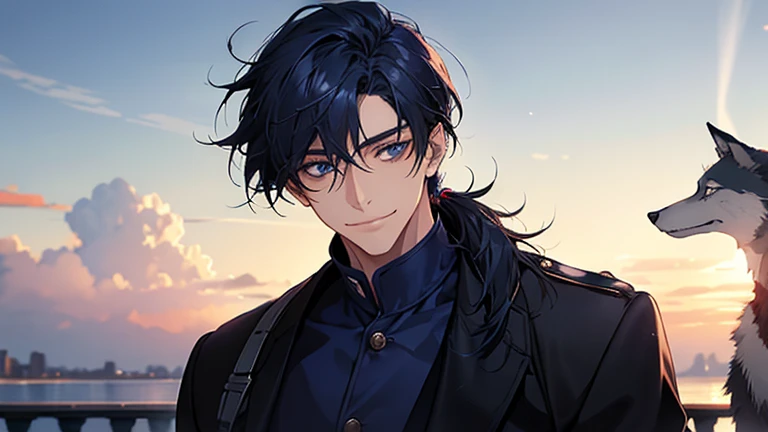 masterpiece, highest quality, one person,There&#39;there&#39;s no one behind me, male,Navy Blue Hair, Low Ponytail,Black and navy blue pilot suit,expensive,,Carrying wolves,He has a navy blue coat draped over his shoulders,,dark blue eyes,Calm,smile,With the wolf,dawn
