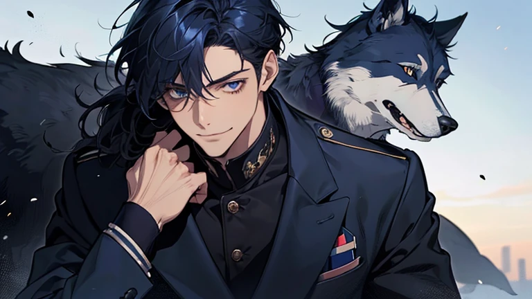masterpiece, highest quality, one person,There'there's no one behind me, male,Navy Blue Hair, Low Ponytail,Black and navy blue pilot suit,expensive,,Carrying wolves,He has a navy blue coat draped over his shoulders,,dark blue eyes,Calm,smile,With the wolf,dawn