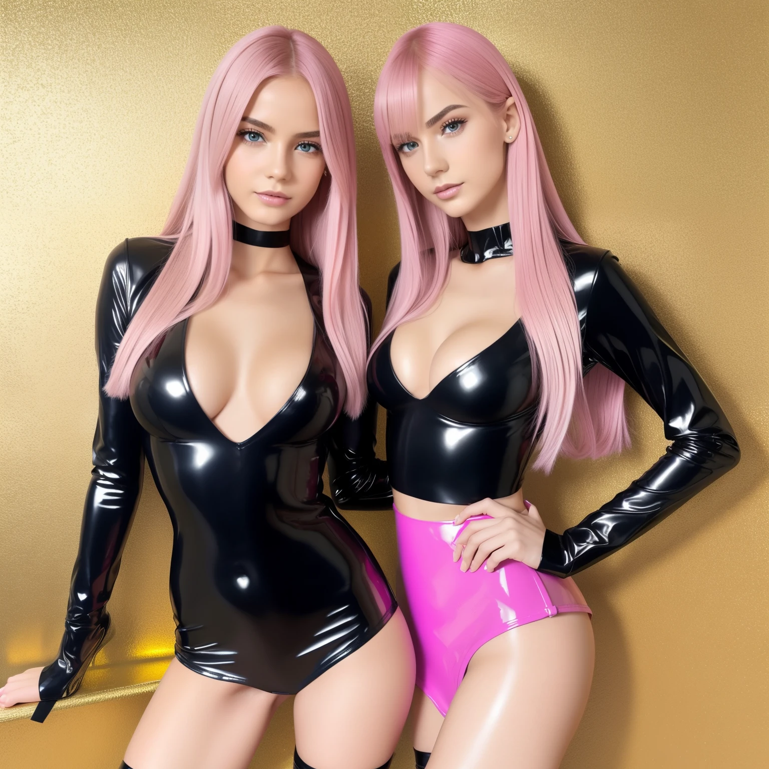 sexy twin girls,Pink Hair , cute, , Long slick hair , skinny, slim, small breast, no breast, very skinny, Tall, tall legs, , Pink Latexbluse, Latex blouse buttoned up, Latex Bluse detailliert, light-blue Latex, pink latex, Long Black Letex stockings,  gold Shiny Lacquer PVC Shoes,Perfektes Gesicht,Detaillierte Augen,Detaillierte Lippen,Detailed hands,lange Wimpern,vollbusig,niedlich,portrait,hight resolution,realistisch,Studiobeleuchtung,Lebendige Farben,masterpiece,award-winning-photo, ultra detailliert,