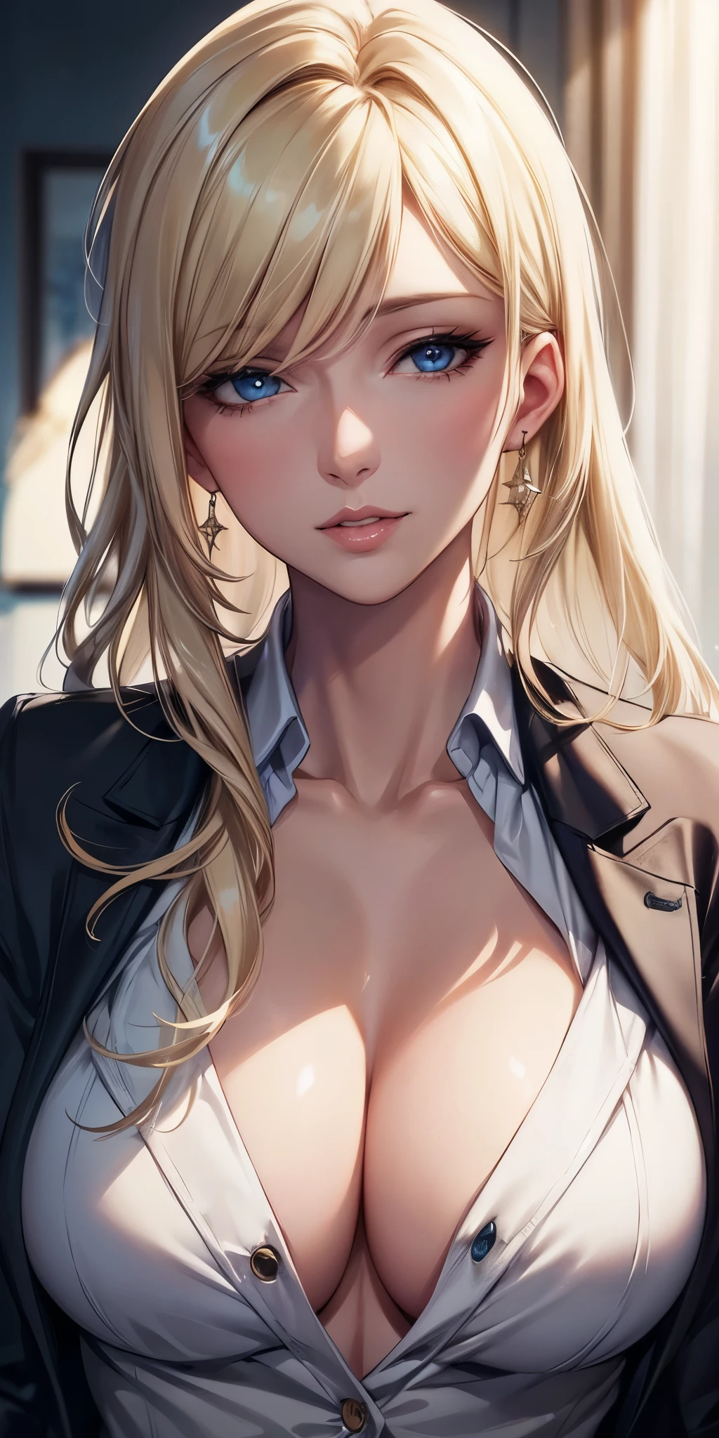 portrait, realistic, sexy mature woman, blue eyes, blonde hair, 4k resolution cg, beautiful cg, soft light
