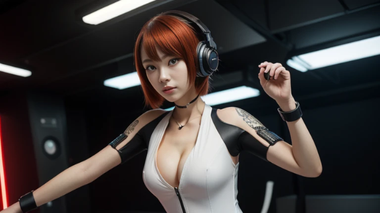 ((highest quality)), ((masterpiece)), ((Realistic)),High Contrast, 19 years old, Redhead girl, Shoulder-length hair,Headphones,(Red Neon),(cyber punkの背景), リラックスした幸せなface,((非常にdetailedな目)),Very detailed glowing eyes, ((thin)) ,Rubber bodysuit, ( White one piece swimsuit ) ((sexy )) ,Slender figure,textured pixie haircut (((detailedなキャラクターシート, Front view, ~ side面図, 3/4 Views))) (((cyber punkの背景))) Six and a half whole bodies,4K,UltraSharp,Multiple Views of the same character,Charterner v2, One girl, Slender figure, (Headphones),Brown Hair, Long Hair, Orange eyes, Same clothes, Concept Art, detailed_face, line_sketch, plan, Official Art, Official Alternative Costumes, Design style, multi style, detailed character, 4_~ side, original, 8K GC, massive detailed, Multiple Views of the same character, character, technical illustration, Multiple Views,masterpiece,highest quality(masterpiece, highest quality), 32k,(非常にdetailedな美しい女性), Future Anime,The ultimate map,highlight,Headphones,Very detailed glowing eyes,Cleavage,Complex patterns,Stylish hairstyle,fluorescence((White clothes)),cyber punk