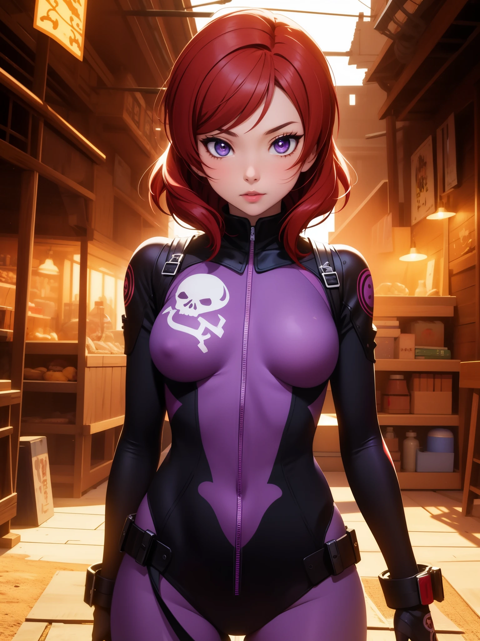 (Masterpiece, Best Quality, High Quality), volumetric lighting, illustration, beautiful, perfect lighting, perfect shadows,Nishikino maki , cowboy shot, solo, purple eyes ,red hair , bodysuit, skeleton print