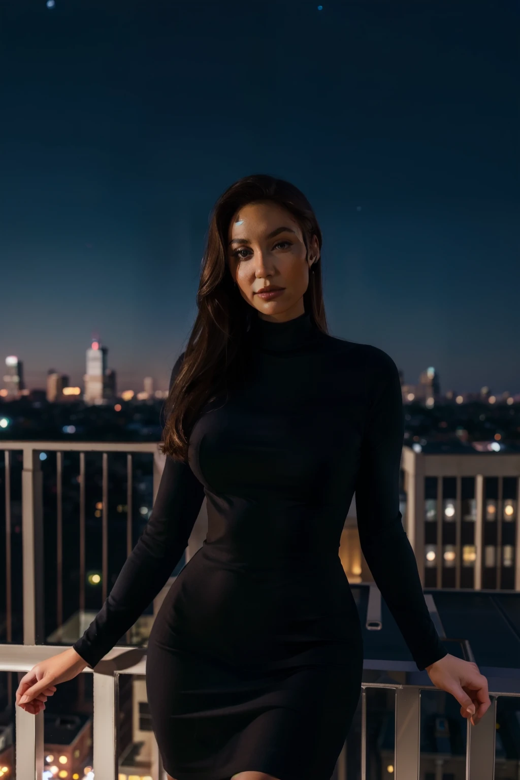 mndngwmn, wearing a turtleneck bodycon dress, on a balcony at night with city on background, (ultra realistic, 8k,high quality)