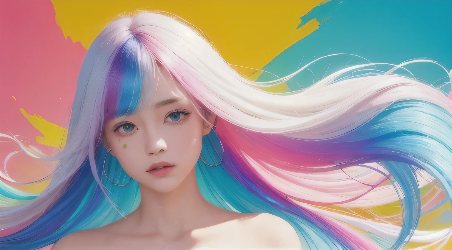 (Pink Fashion T-Shirt:1.9),(colorful hair:1.8),(All the colors of the rainbow:1.8),((((Vertical painting:1.6))),(painterly:1.6),Positive,manga,figure,painterly,Big eyes,Crystal Clear,(Rainbow gradient high ponytail:1.7),Exquisite makeup,Mouth closed,(Small freshness:1.5),(Bandeau:1.6),Long eyelashes,white shoulder t-shirt, White shoulder shirt,Looking at the audience,Big teary eyes,(Rainbow Hair:1.6), Color Splash, (alone:1.8), Color Splash, An explosion of colors, Color Splash, An explosion of colors, Thick paint style,Messy Lines,((Shiny)) ,(colorful), (colorful), (colorful), colorful, Thick painting style, (Splash) (Color Splash), Vertical painting, Upper Body, Paint Splash, Acrylic Pigments, Slope, paint, Best image quality, Best image quality, masterpiece, alone, Depth of written boundary, face paint, colorful clothes, (grace: 1.2), flower-like, Long, long hair, the wind is strong, (grace: 1.3), (petal: 1.4),(((masterpiece))),(((the best quality t))),((Super detailed)),(An illustration),(Dynamic Angle),((floating)),(paint),((Hair loss)),(alone),(One girl) , (( (Detailed anima face))),((Beautifully detailed face)),first round,Bare shoulders,hakuhatsu,((Hair Color)),((Striped Hair)),Beautiful fine details,(Slope eyes),(( (Colored eyes))),(((Colored Background))),(((High saturation))),(((A view surrounded by colorful splashes of water))),((Upper Body))