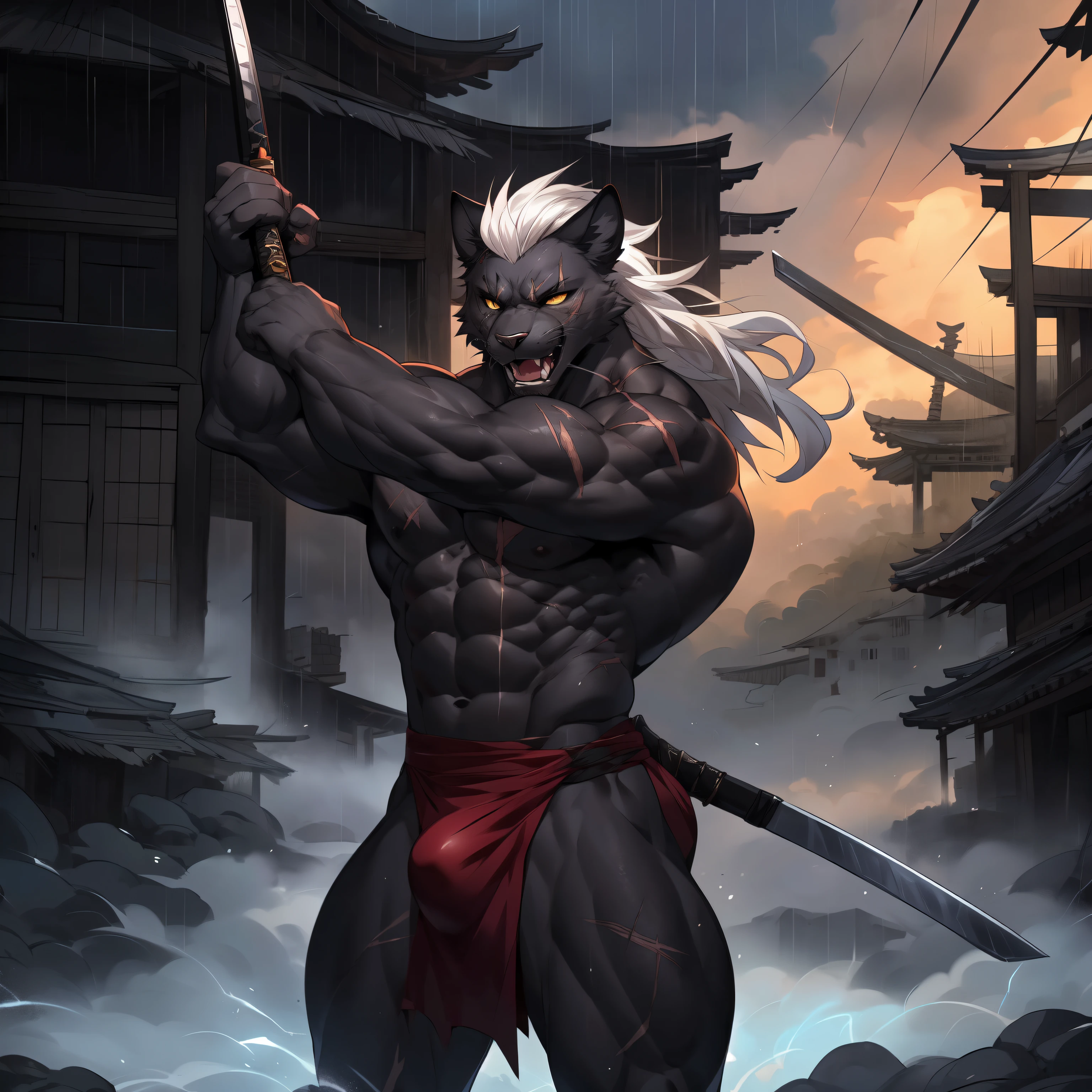 Solo, cute black panther male, yellow eyes, snout, Man athletic physique, big chest muscle, masculine, very muscular, white hair, top knot hair, snarling, feline teeth, scar on left eye, scars and cut wounds on body, naked, wearing red loincloth with bulge, muscles flexing, holding katana sword by the handle, elegant katana, in a dark destroyed Japanese village, thunderstorm, by fumiko, by hyattlen, by gudlmok99