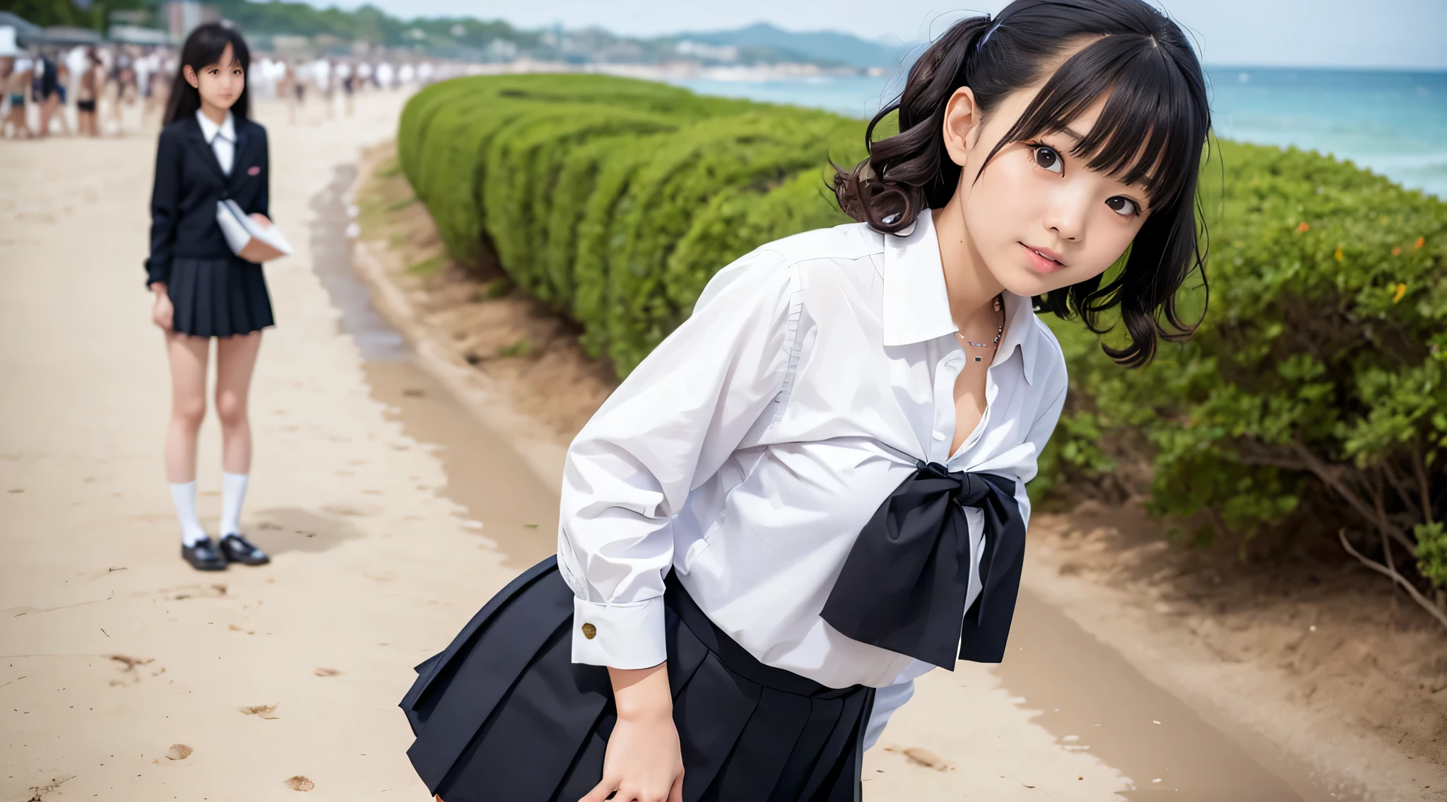 Japanese high school girl wearing a white blouse, Black pleated skirt, The look of temptation、Side Up、curly hair、standing on the beach、Watching the audience、Knee-high socks、loafers