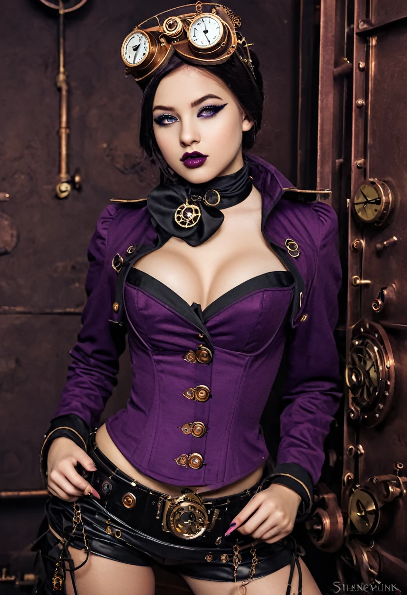 Hyper realistic photo perfect clockwork girl, perfect makeup, think curved eyebrows, long thick eyelashes, black eyeliner, dark purple eye shadow, perfect sexy face, cute little nose, curved lips, lipstick, perfect breasts, abs, slim waist, perfect ass, clockwork steampunk outfits,